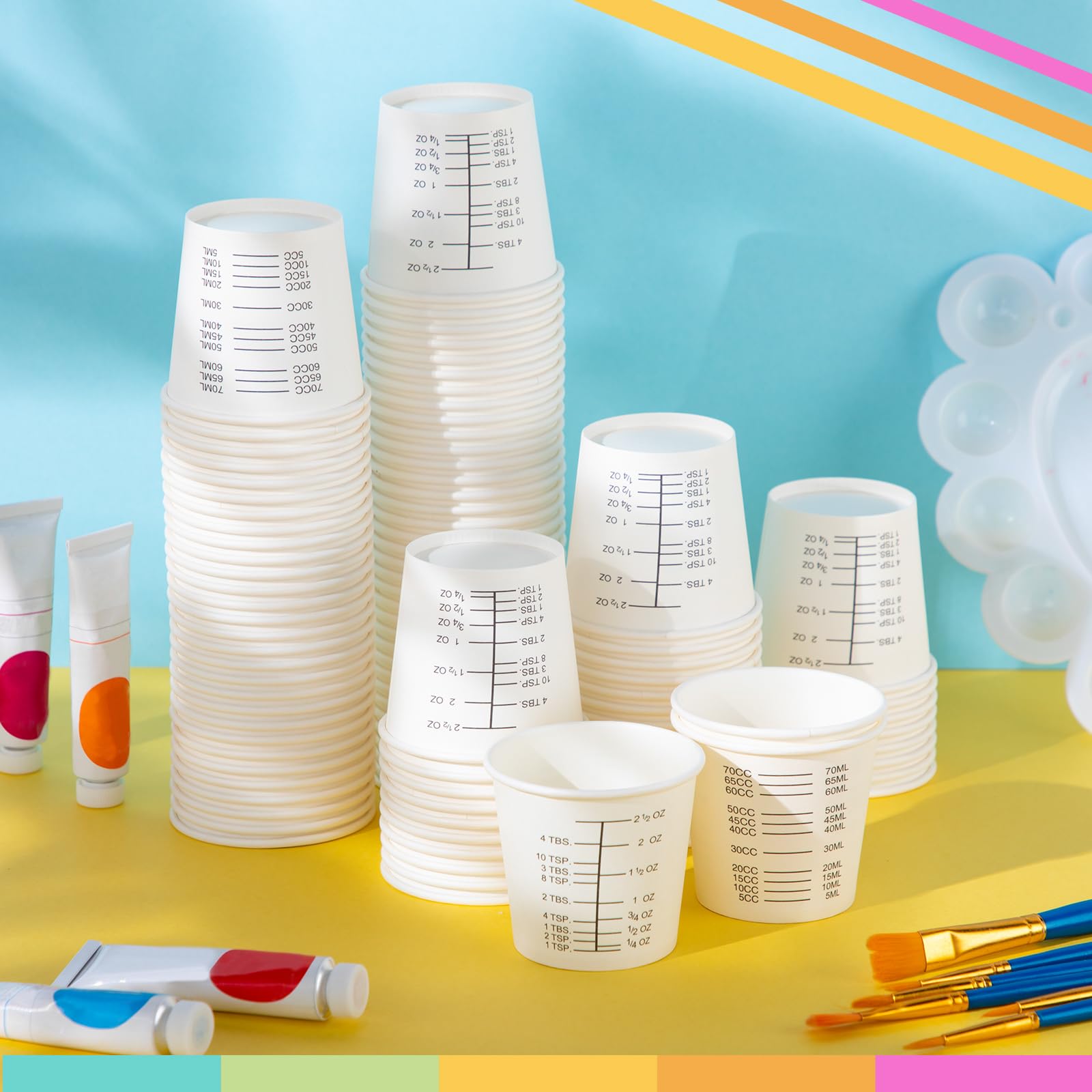 Sliner 200 vasos de papel graduados desechables de 3 onzas con revestimiento de cera, vasos medidores desechables con medidas claras para medir resina, mezclar pintura, resina, manchas, epoxi