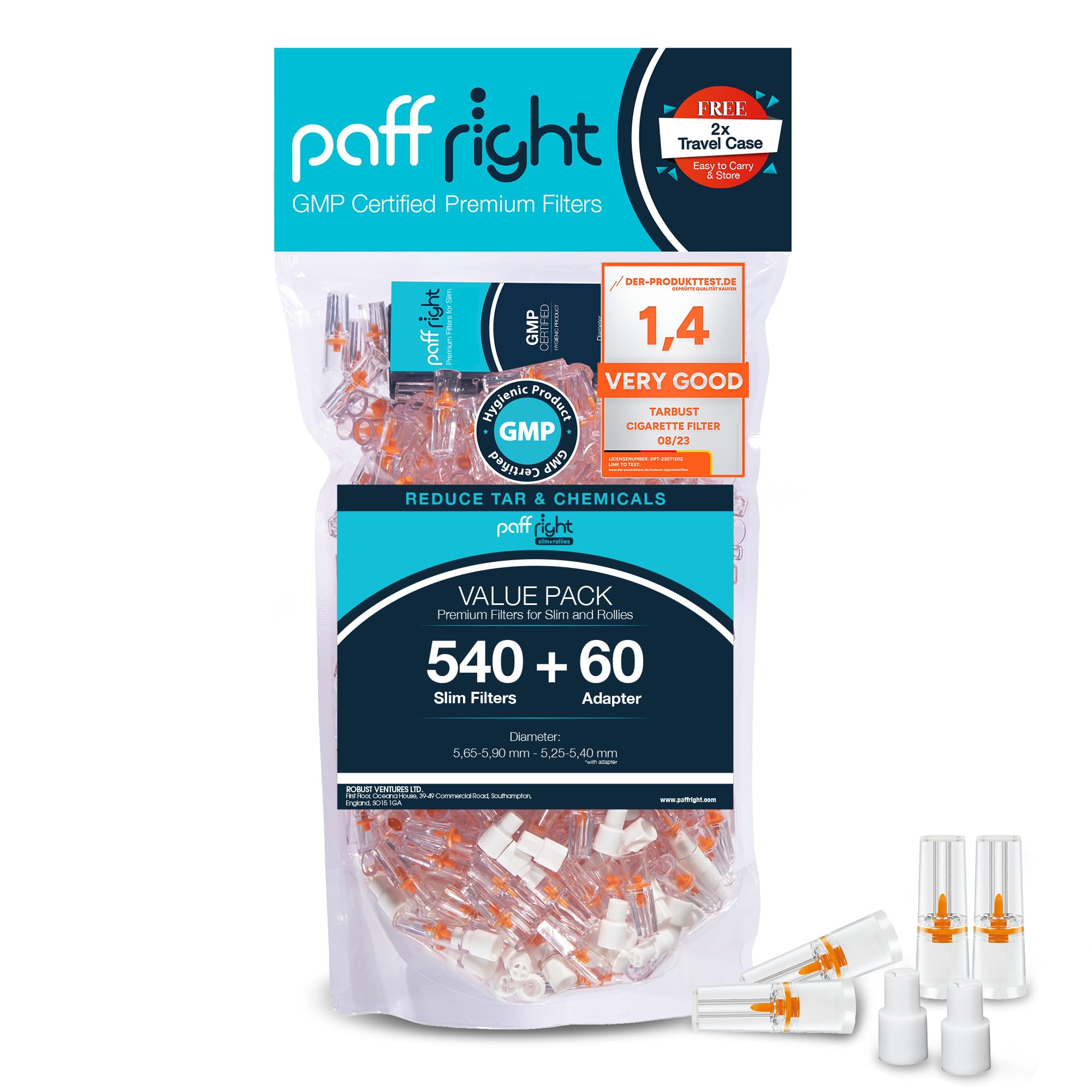 paff right 540+60 Cigarette Filters Tips for Slim, Extra Slim and Roll Up, Smart Tar Filters for Cigarettes, 540 Plastic + 60 Adapters 5.25-6 mm Mouthpiece for Smoking