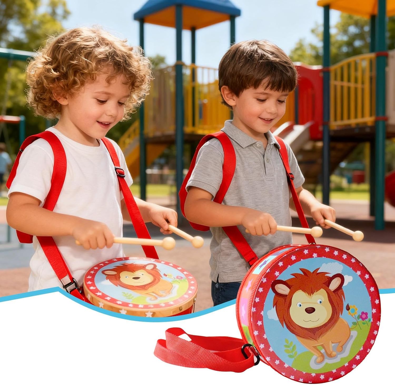Drum for Kids - Wooden Educational Percussion Toy with Adjustable Carrying Strap & 2 Drumsticks, Music Instrument for Boys Girls 2-5 Years Birthday Home Nursery Playroom Gift