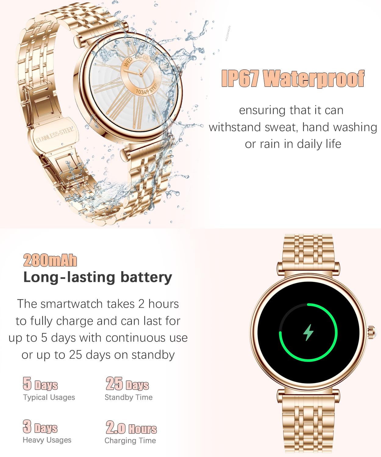 Or Rose Smartwatch pour Femmes Écran Couleur 1,27 Tracker d’Activité Étanche, Moniteur de Fréquence Cardiaque et Sommeil, Compatible Android et iOS (Or Rose)