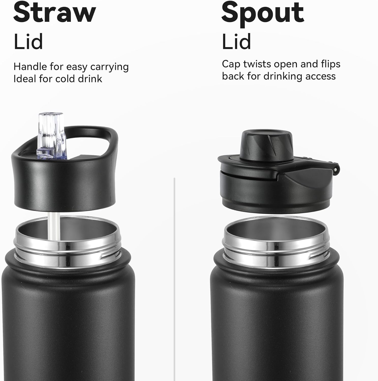 16 oz Insulated Water Bottle with Straw Lids, Stainless Steel Kids Water Bottles for School, Double Wall Vacuum Metal Water Bottle with Straw & Wide Mouth Lid, Black 1 Pack - Image 3