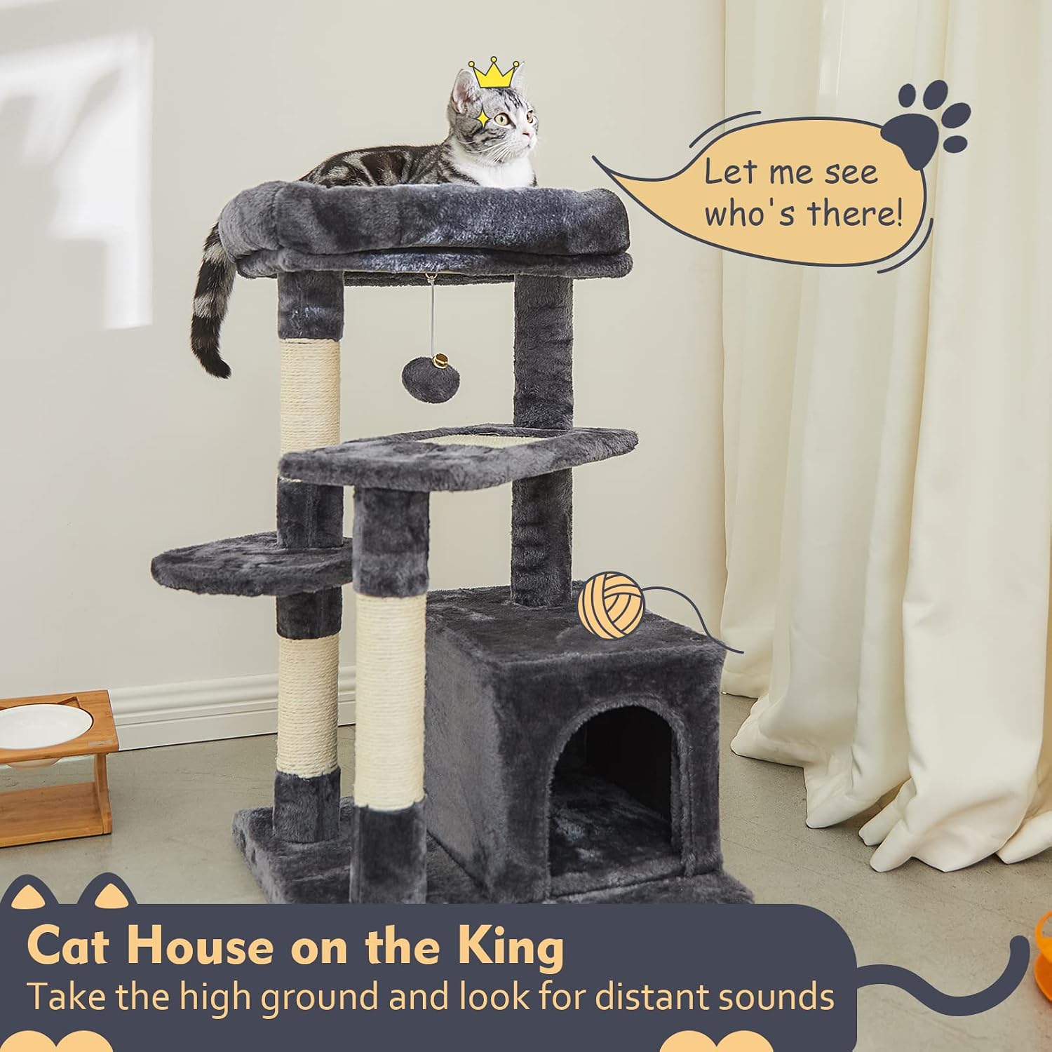 SUPERJARE Cat Tree with Extra Scratching Board & Posts, Kitten Tower Center with Plush Perch and Dangling Ball, Pet Play Condo Furniture - Dark Gray