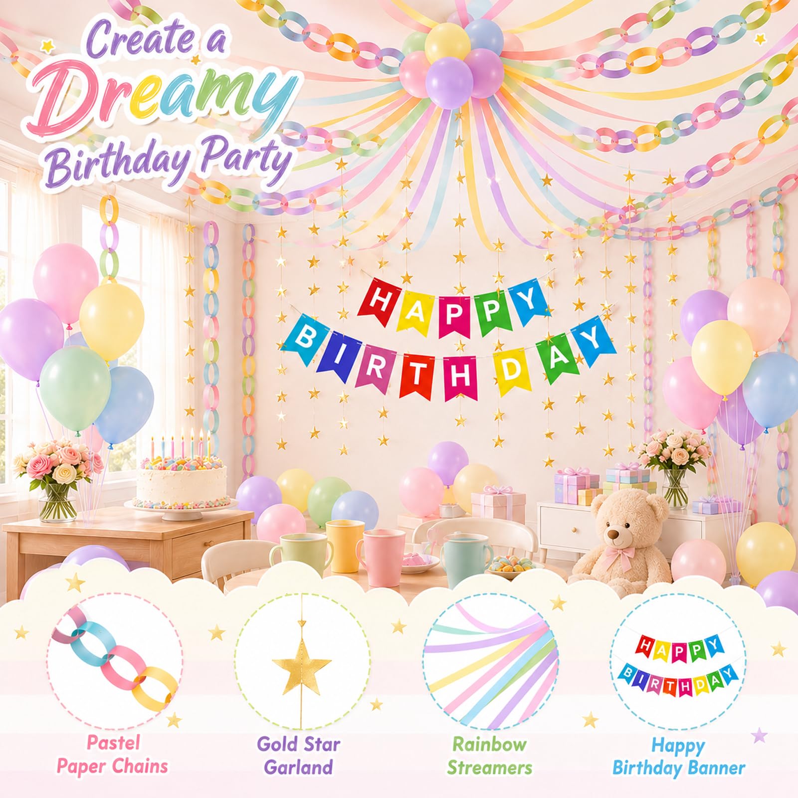 Kit de cadenas de papel para fiestas con globos, guirnalda de estrellas y