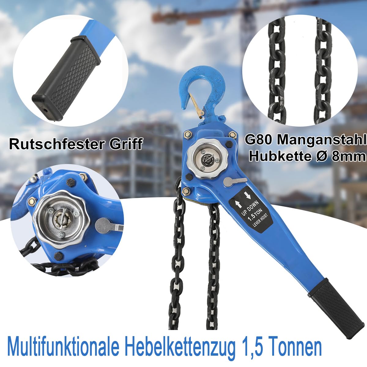 Hebelzug Kettenzug 1500kg Kapazität, Ratschenzug 3m/10ft Hubhöhe | mit 360° Drehung Haken, Flaschenzug Kranzug Kette Hebel, 1,5t Tragfähigkeit
