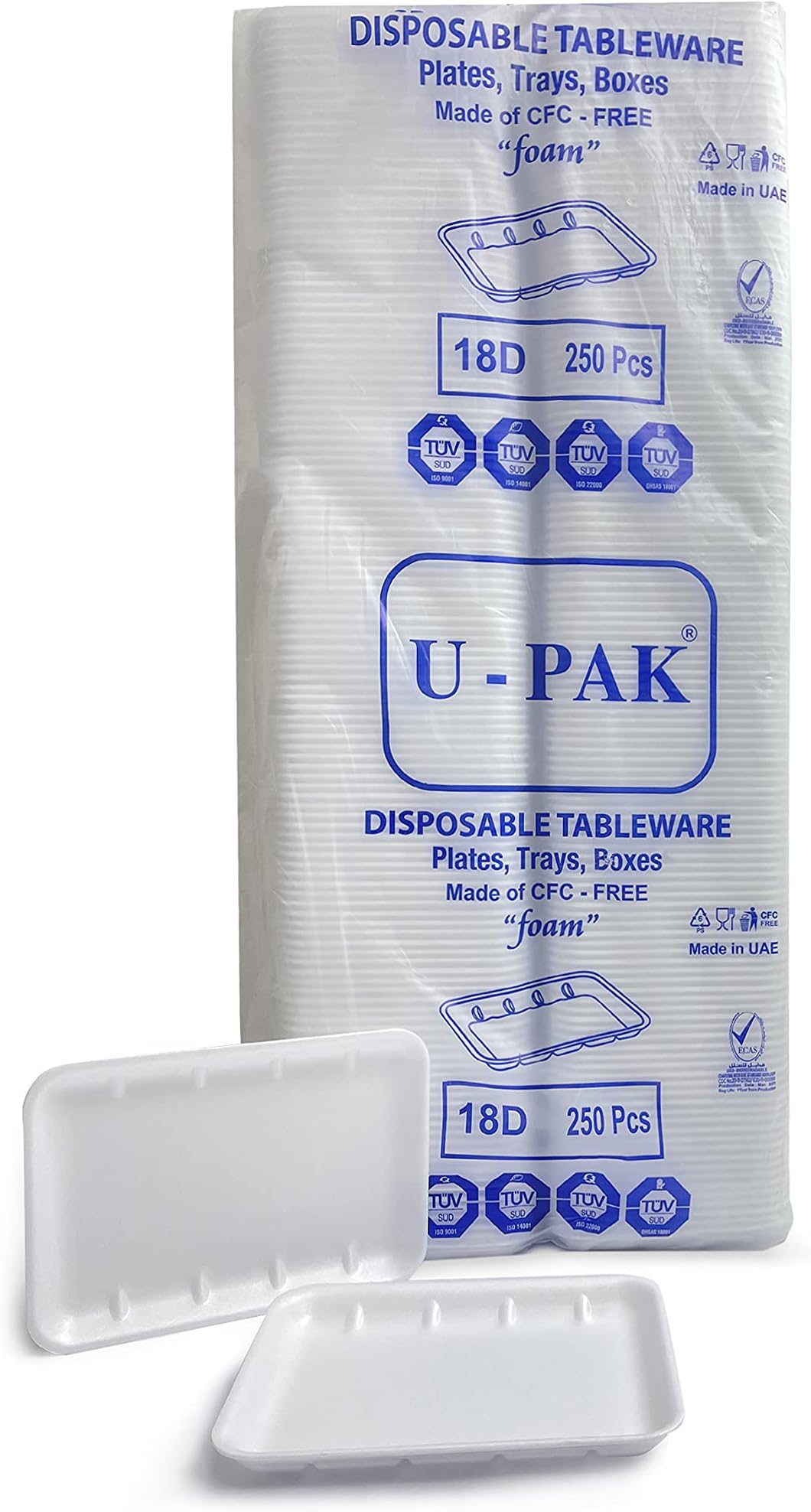 Hotpack Disposable Disposable Foam Rectangular Tray Set White (D18) 265x189x20mm, 250 Pieces