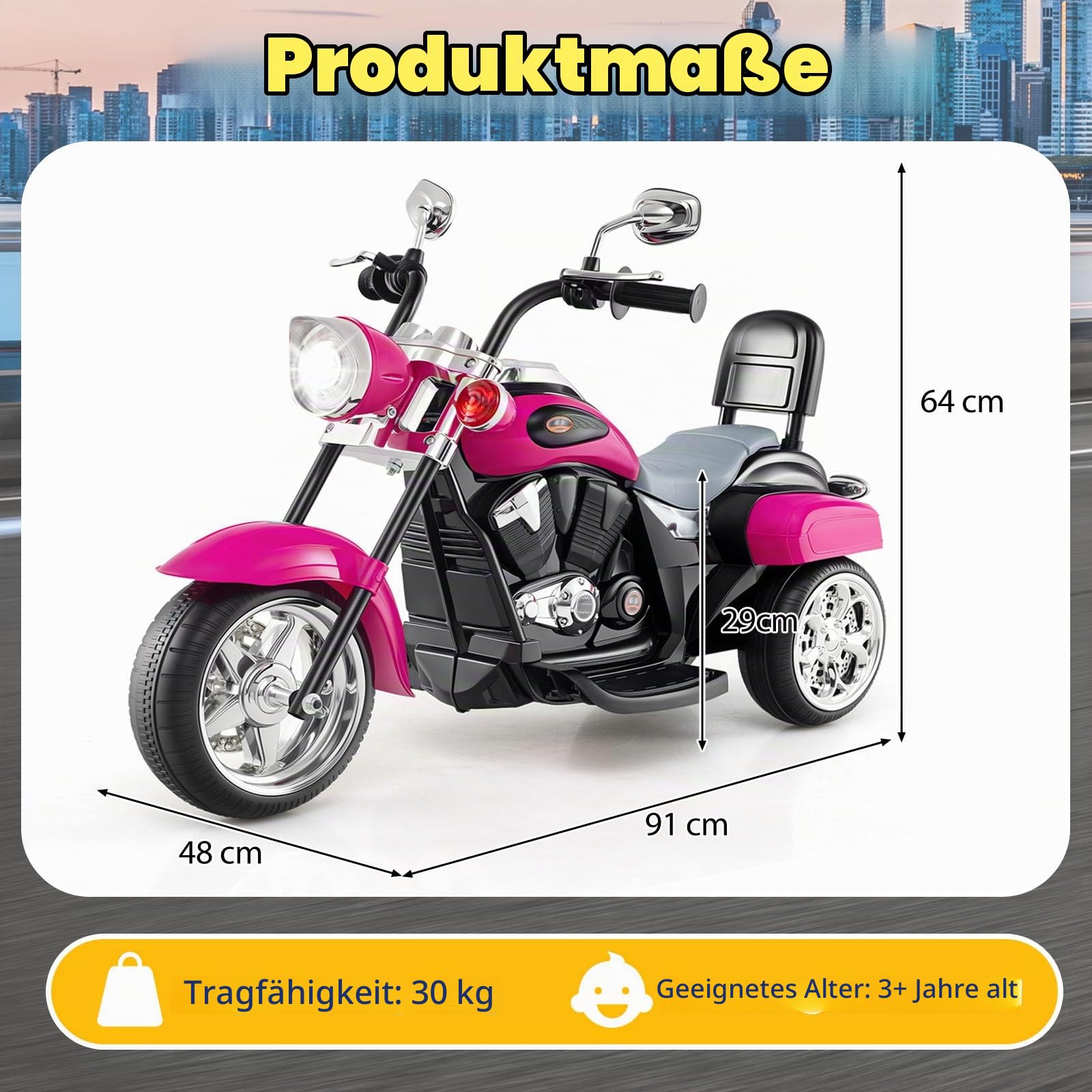 SOARS 6V Kinder Elektro Motorrad, Kindermotorrad Dreirad mit verstellbarem Scheinwerfer, Sound, Hupe, Rückspiegel, Pedale, 2,5-3 km/h, Elektrofahrzeug für Kinder ab 3 Jahren