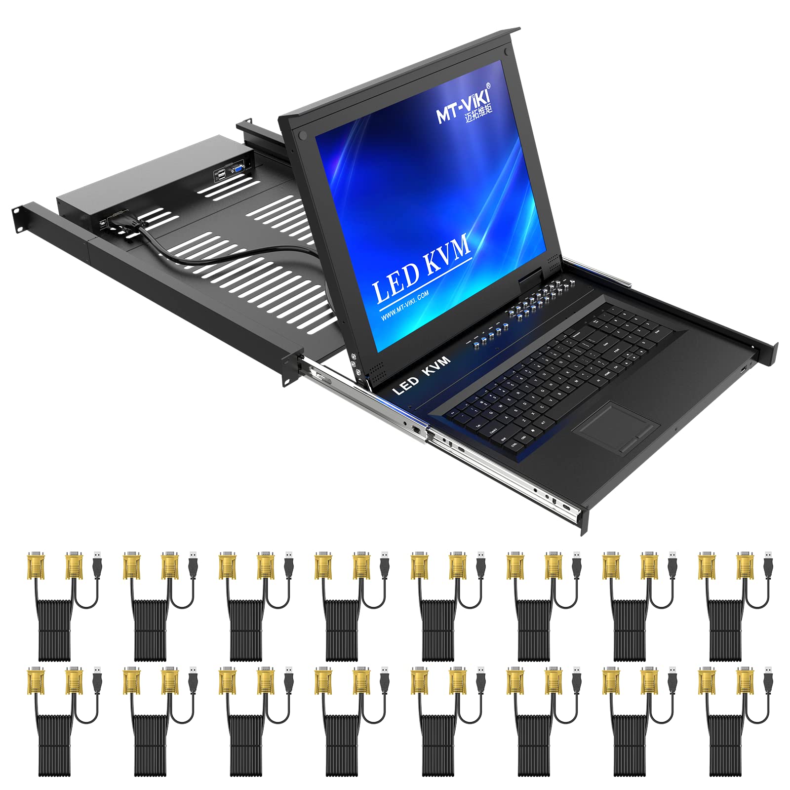 MT-VIKI Rack KVM Switch w/17'' LCD Monitor, 16 Port VGA KVM Switch with Keyboard Touchpad Monitor, Fit for 1U 19'' Rack, OSD/Hotkey/Button ?with 16 VGA KVM Cable?