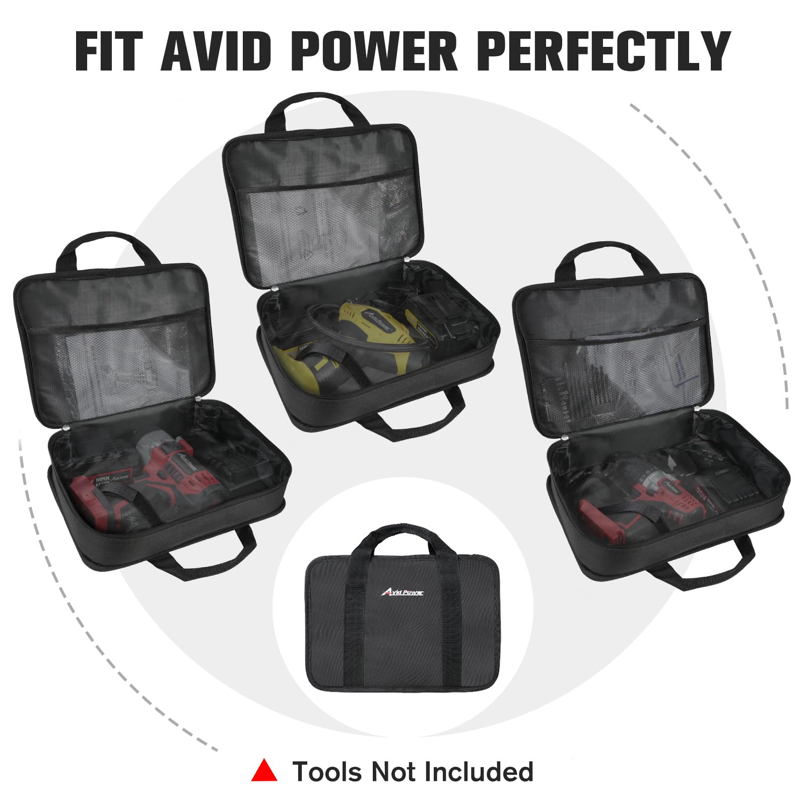 AVID POWER Tool Bag, 12 Inch Tool Storage Carrying Case, Suitable for Cordless Drill, Tire Inflator, Impact Wrench, Soft Canvas Power Tool Pouch with Mesh Dividers & Double Zipper : Tools