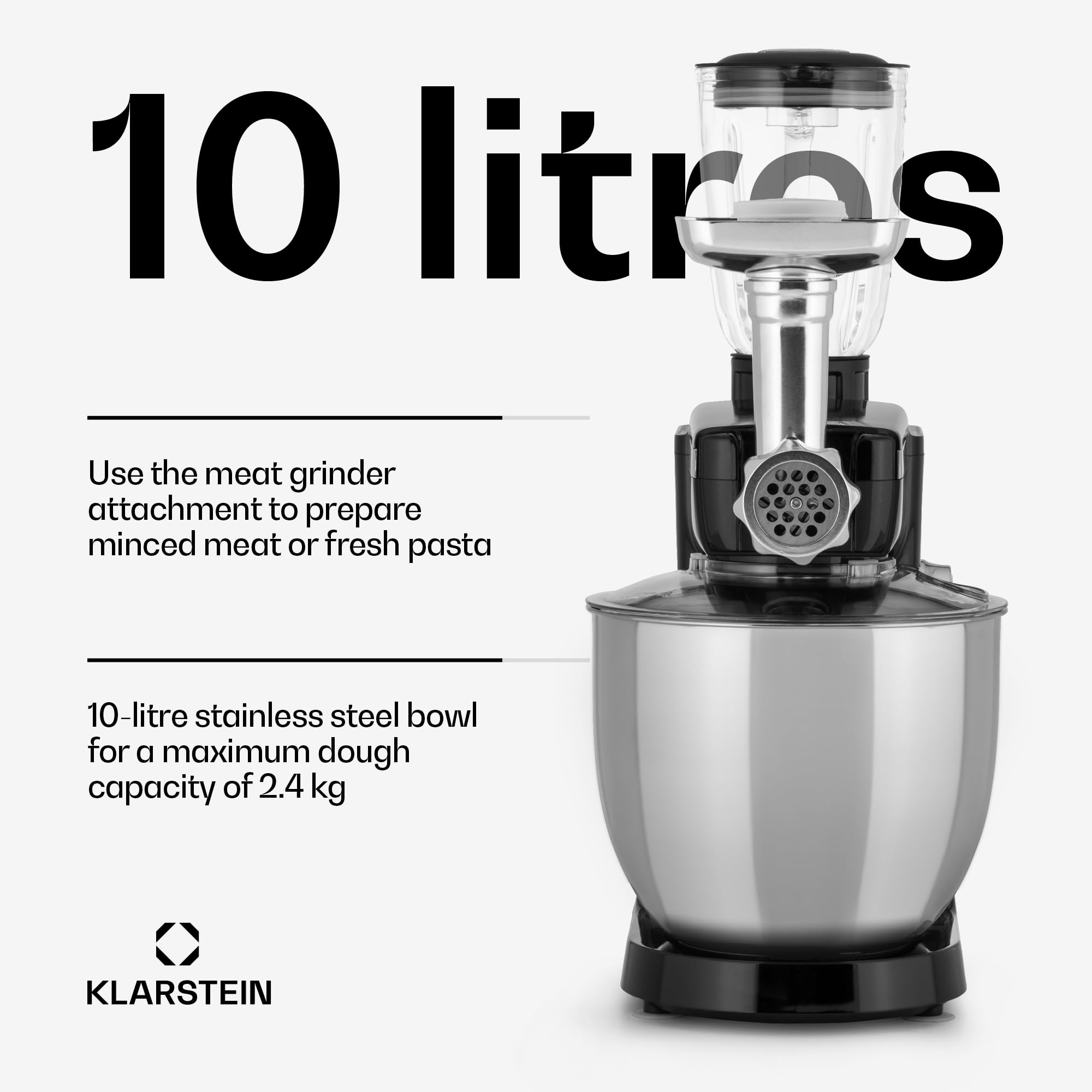 Klarstein Robot kuchenny, uniwersalny robot kuchenny, 3 w 1, mikser i miksery, maszyna do robienia ciasta z maszynką do mięsa, robot kuchenny, maszyna do ugniatania ciasta, miska 10 l, 2000 W