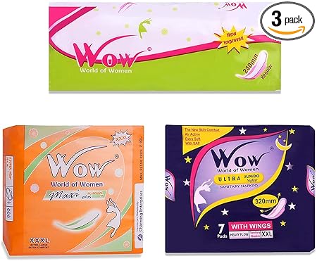 WOW Combo Pack of Maxi Jumbo Plus, Ultra Jumbo Nighter 320 MM and Regular 240 MM Straight Sanitary Pads/Napkins for Women Ultra Thin Dry Coverage Organic and Rashes Free Disposable Pads- Pack of 3 (21 Pads)