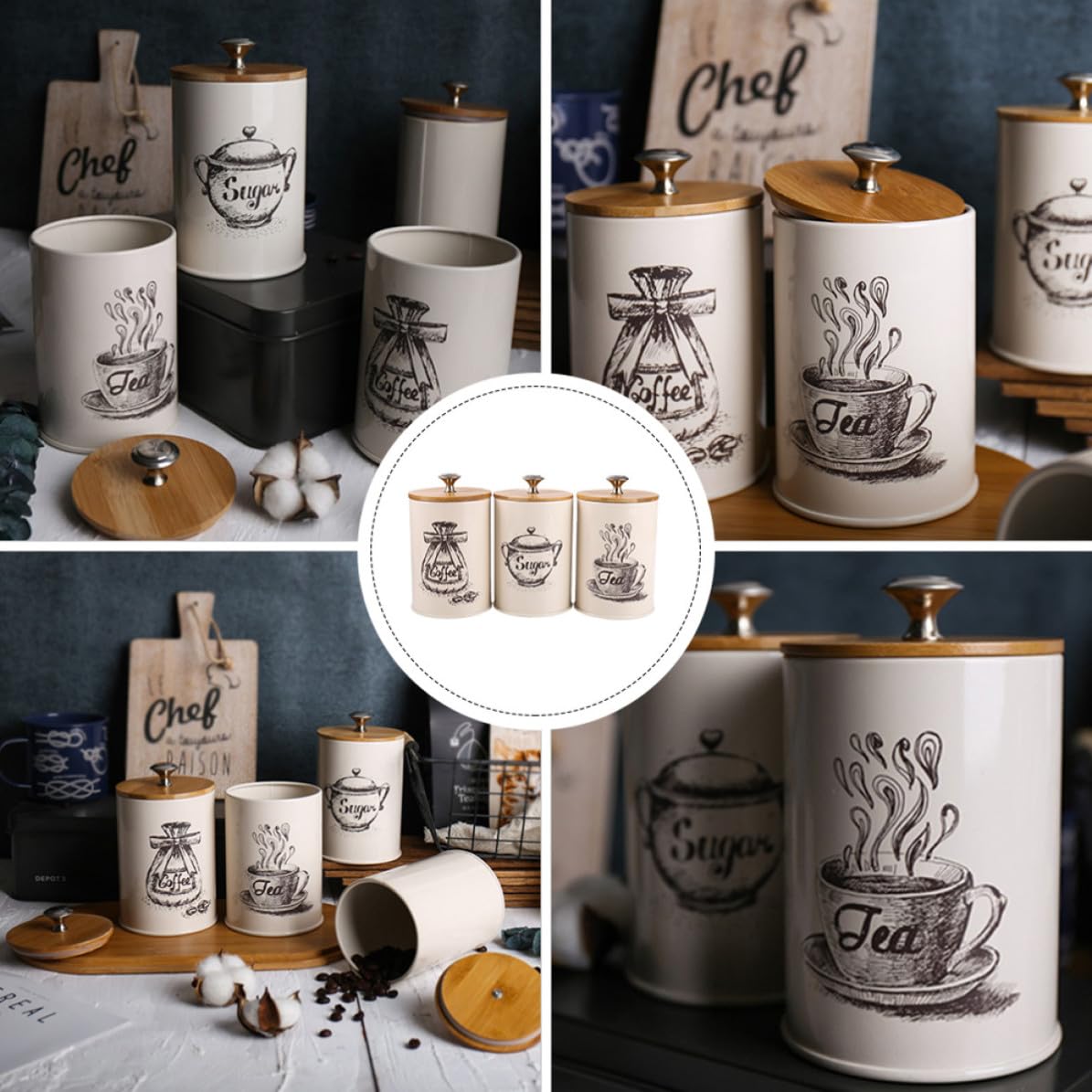 Juego de 3 Botes de Almacenamiento para Té, Café y Azúcar con Tapa Hermética, Diseño Retro en Hierro Zincado Beige, Adecuado para Uso en Cocina y Espacios Estilo Varios estilos