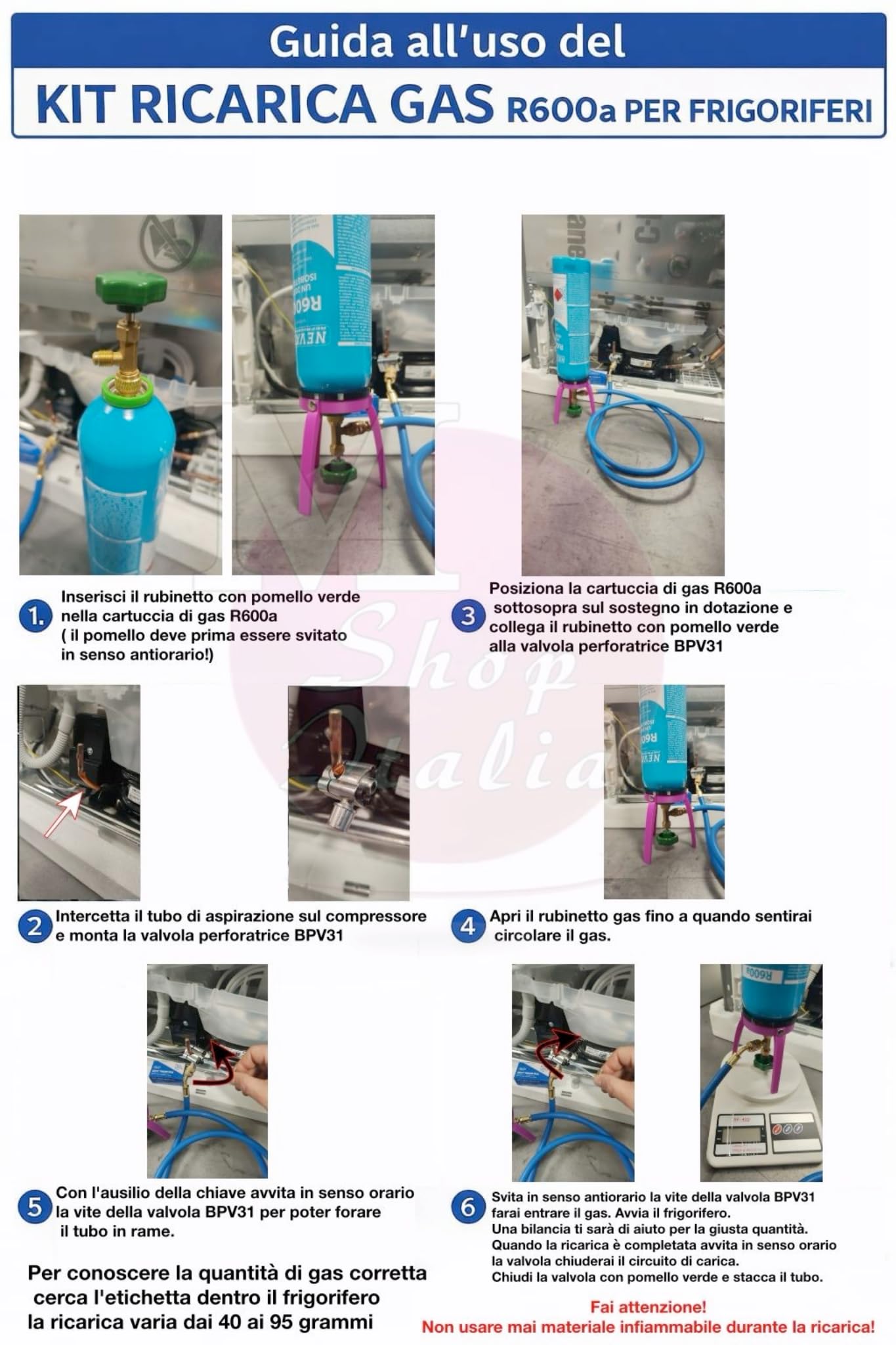 Kit reparación recarga frigorífico congelador R600a 420 gr grifo salida 1/4" M tubo válvula perforadora cobre hierro aluminio