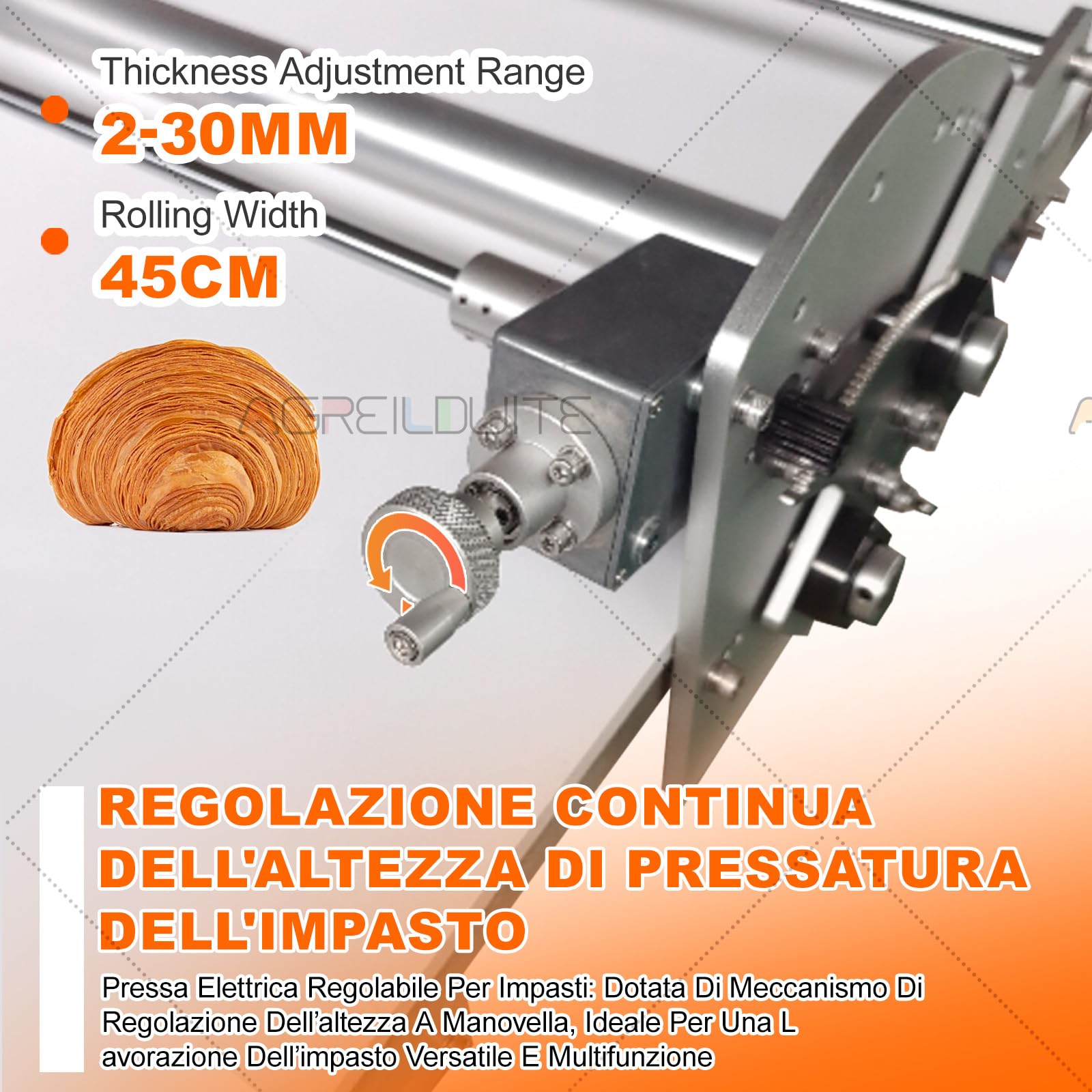 Sfogliatrice Elettrica Per Pasta, Sfogliatrice Pieghevole Per Panetteria/Pizza/Croissant/Pasta Fondente, Acciaio Inossidabile+Spessore Regolabile 2-30 Mm+Impasto Reversibile,40×17.7in Tavola