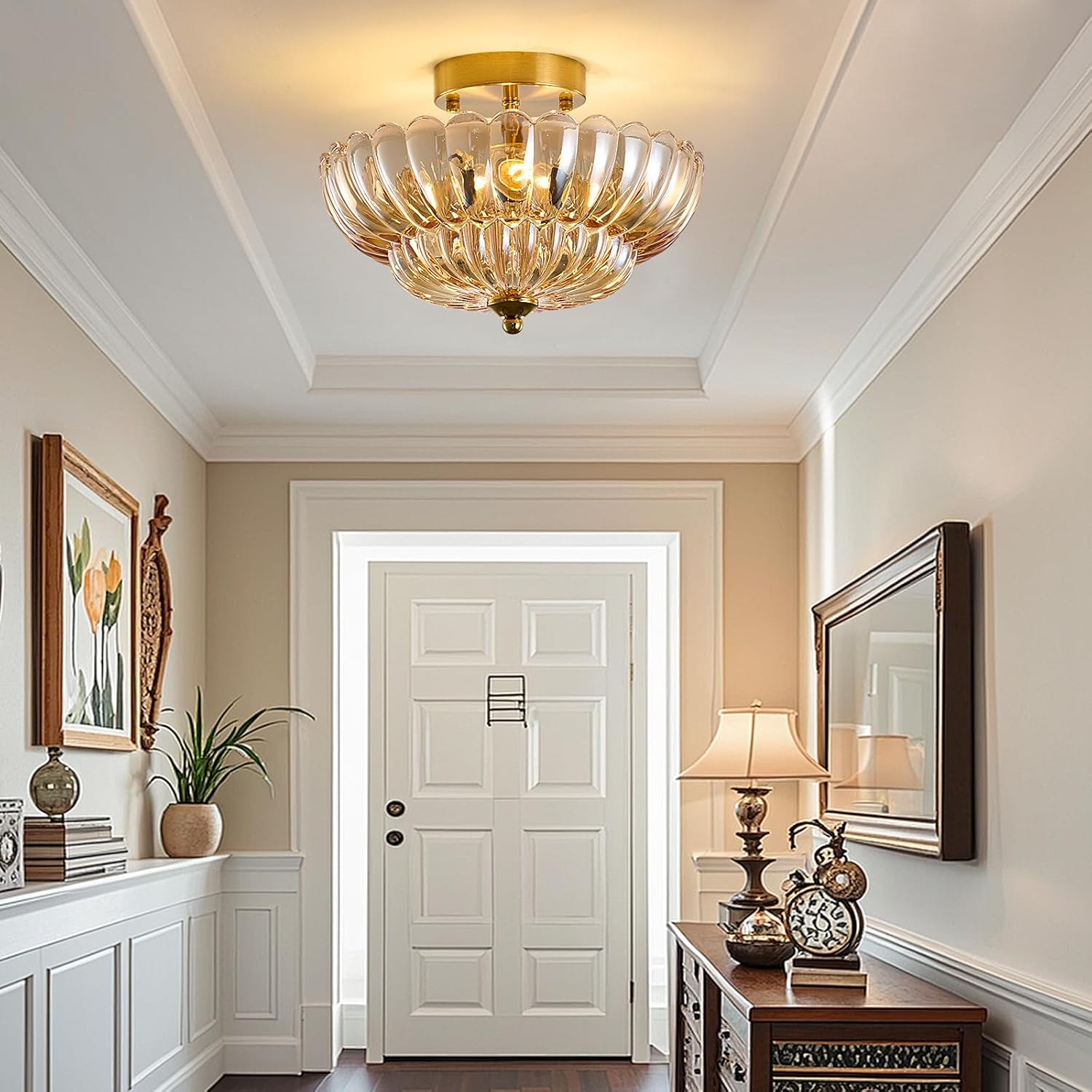 Semi Flush Mount Ceiling Light Fixture, 12" Vintage Gold Ceiling Light with Amber Glass Shade, 3-Light Close to Ceiling Light for Hallway Entryway Bedroom Kitchen, Mid Century Modern