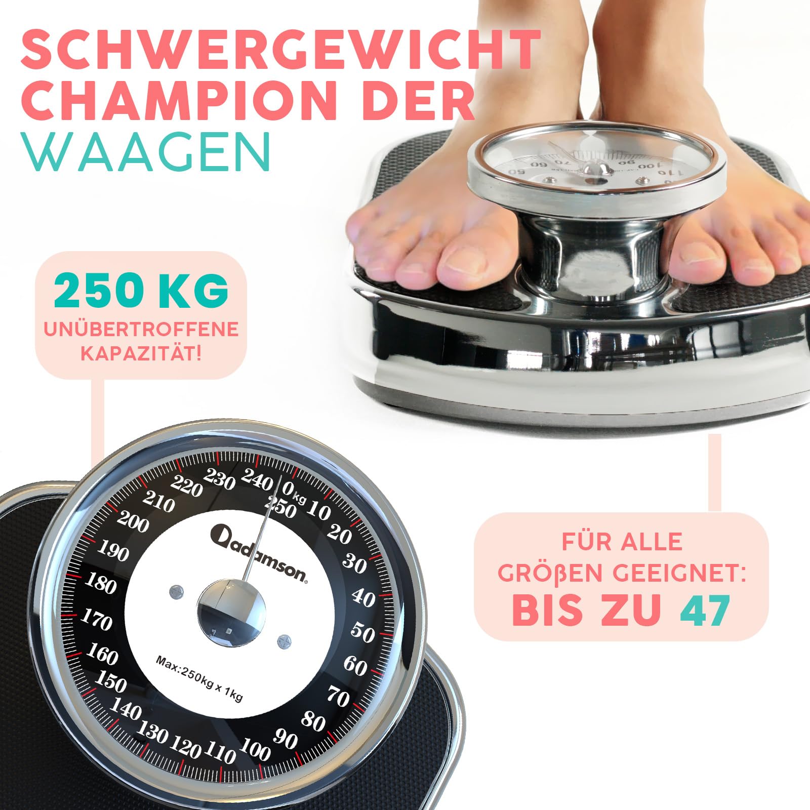 Adamson A28 Analogwaage, bis 250 kg, rutschfeste Gummioberfläche, extra große Ziffern, hochpräzise Personenwaage Analog, langlebig, 20-Jahre Support für Haushalt, Schlafzimmer, Bad - NEU