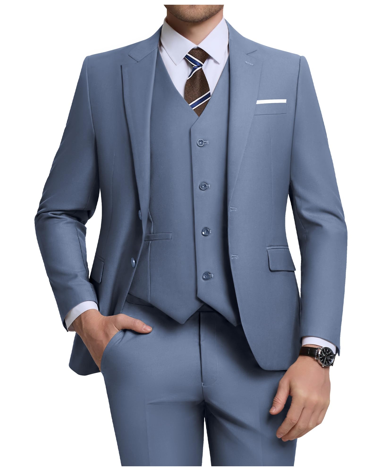 Photo 1 of ZKHOECR Men's Suits Big and Tall 3 Piece Suit Denim Blue Suit Prom Tuxedos Groomsmen Suits for Wedding Solid Jacket Vest Pants 4XL