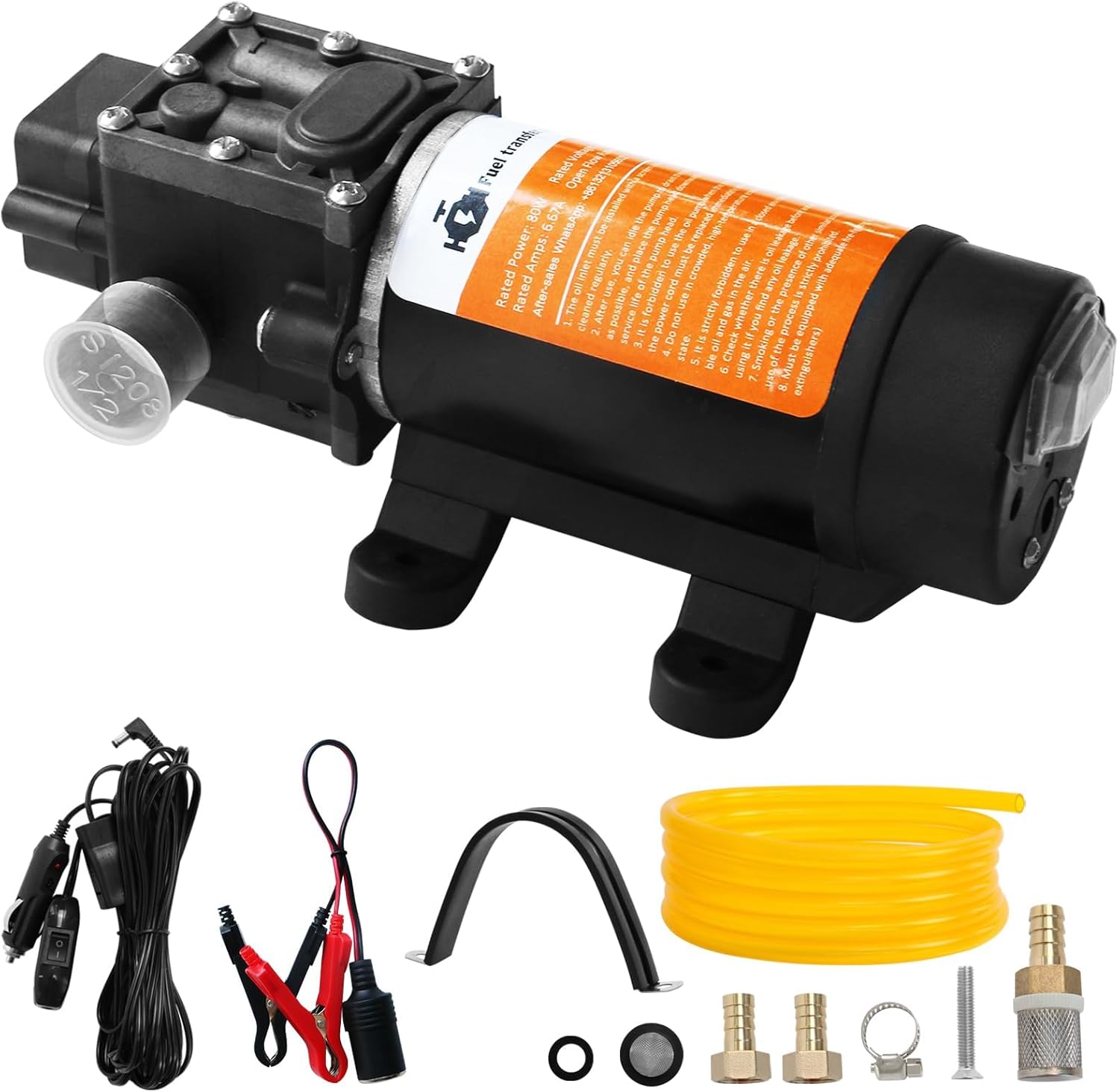 12V Fuel Transfer Pump Set, Moves Up to 120 Gallons of Gas or Diesel Per Hour with 80W DC Motor, Suitable for Vehicles, Boats, Equipment, Gasoline, Diesel (Pump and Hose)
