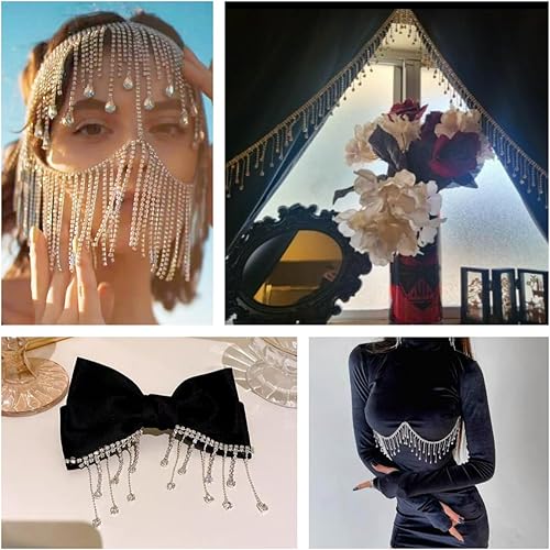 Miniatura 5 de 1 yarda de diamantes de imitación con flecos de diamantes de imitación brillantes cadena de flecos de lentejuelas plateadas cinturón con borlas para