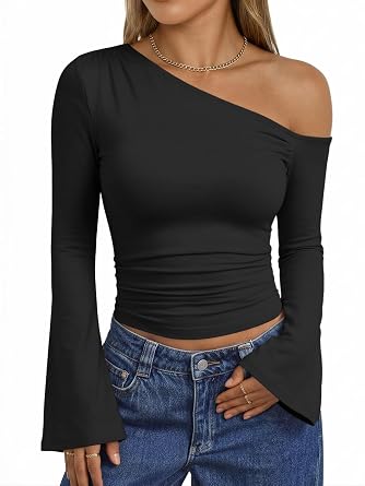 Trendy Queen Womens Off Shoulder Long Bell Sleeve Fall Crop Y2K Tops 2026