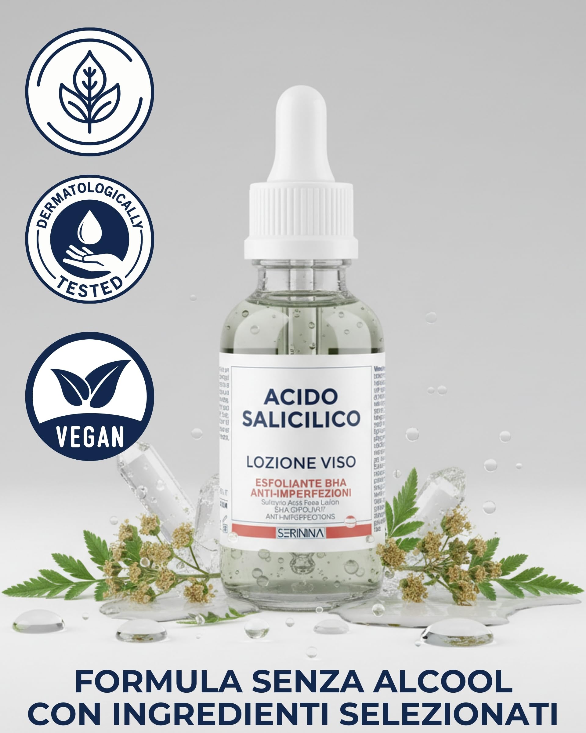 SERININA Acido Salicilico Viso - Salycilic Acid Peeling Viso Siero Esfoliante - per Acne, Brufoli, Pori Dilatati e Punti Neri - Scrub Peeling Chimico - Made in ITALY