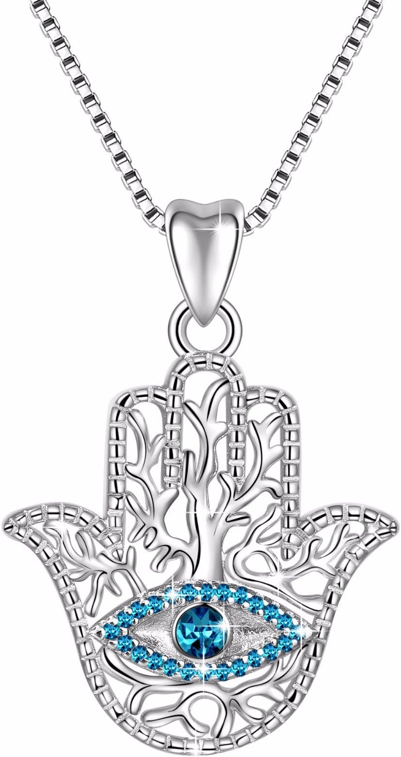925 Sterling Silver Evil Eye Hamsa Hand Fatima Good Luck Blue CZ Vintage Pendant Necklace, Box Chain 18"