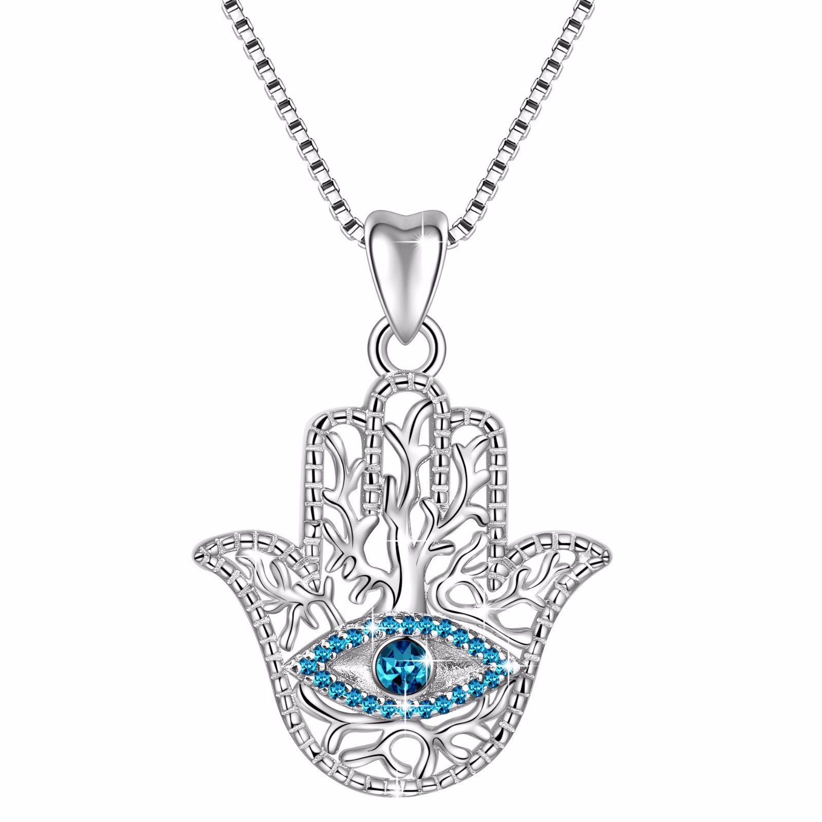 925 Sterling Silver Evil Eye Hamsa Hand Fatima Good Luck Blue CZ Vintage Pendant Necklace, Box Chain 18"
