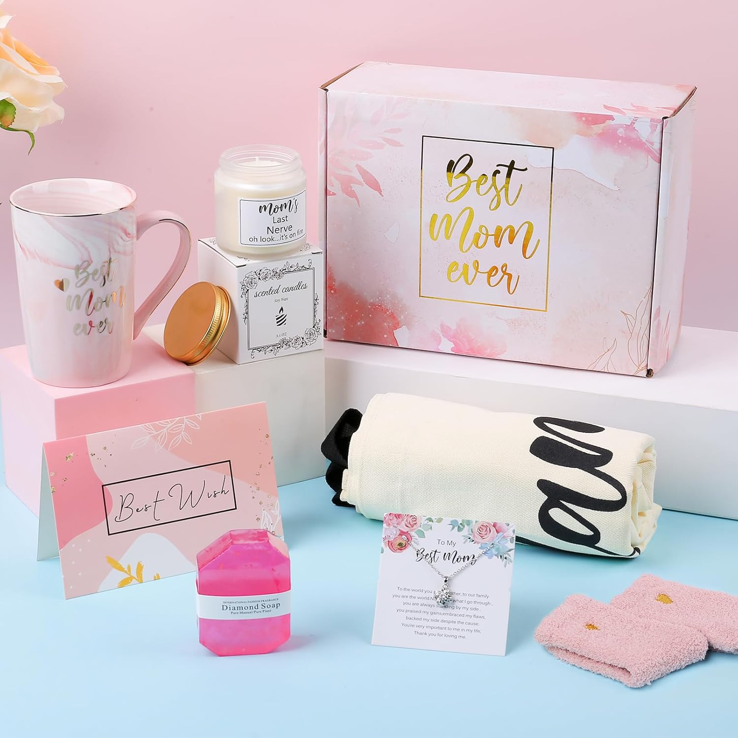 DHQH Best New Mom Gifts for Mom from Daughter Son,Gift Basket for Women Birthday Gifts for Mother-in-law Thanksgiving Presents with Candle box Tote Bag - Image 7