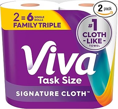 مناشف ورقية من القماش من Viva Signature، حجم المهمة، 2 لفة ثلاثية للعائلة، 141 ورقة لكل لفة، قد تختلف العبوة