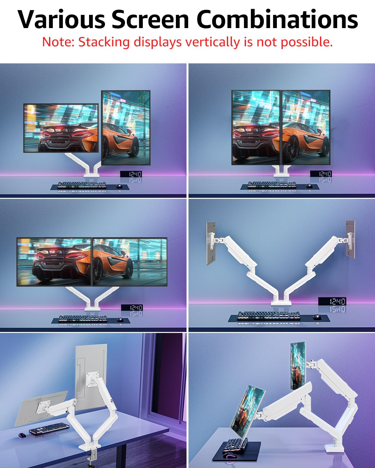 ELIVED Monitor Halterung 2 Monitore für 13-32" Bildschirme, Bildschirmhalterung 2 Monitore hält 2-9 kg Monitor mit VESA 75/100mm, Gasfeder Monitor Arm mit Neigbar, Schwenkbar, Drehbar, Weiß, EV6012W