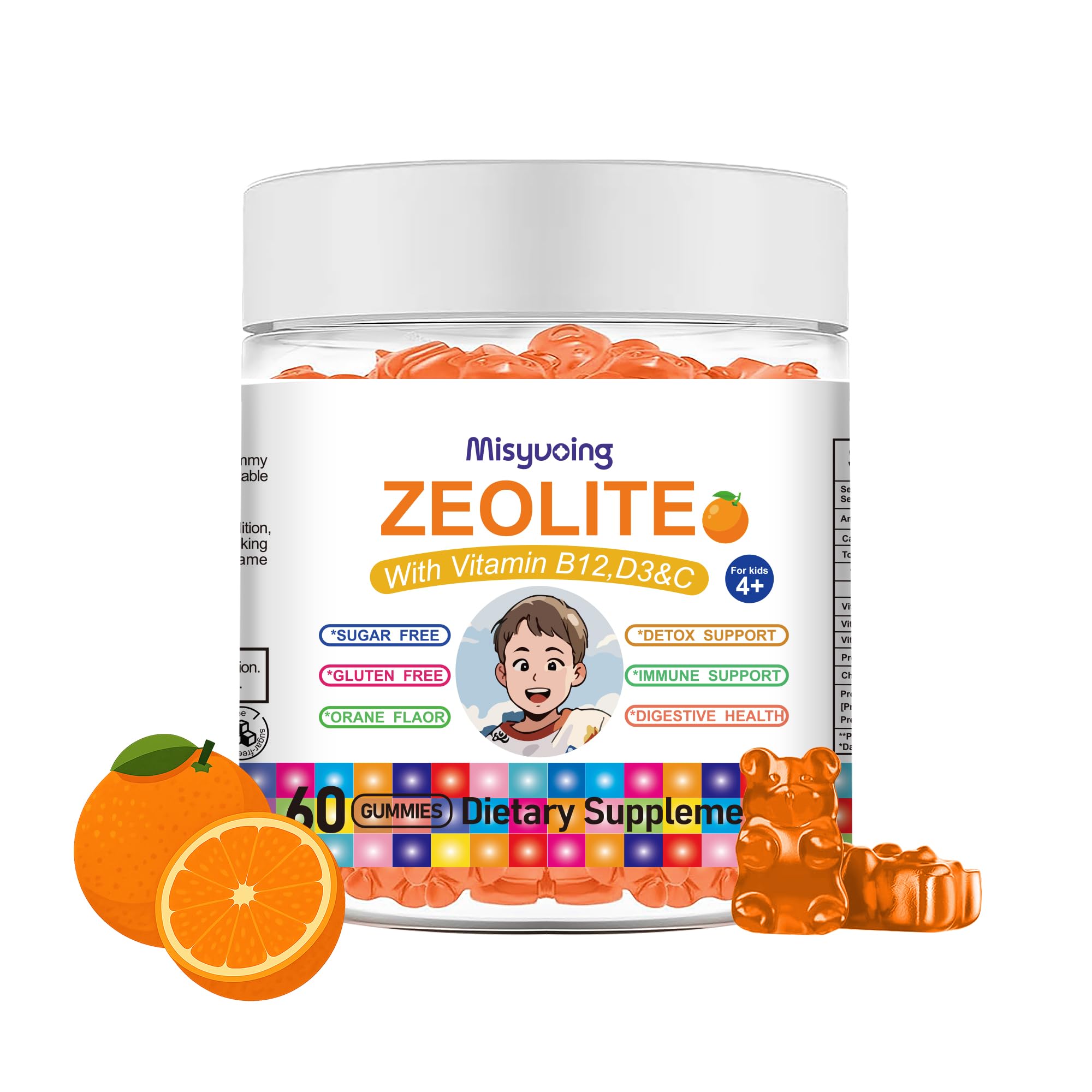 Zeolite for Kids&Adults Supports Cell Restoration,Natural Body Cleanse,Support Digestive Health,Immune System,Improves Focus,Vitamin B12, D3&C, Sugar-Free (60 Count, Compound Orange) Compound orange 60 Count (Pack of 1)