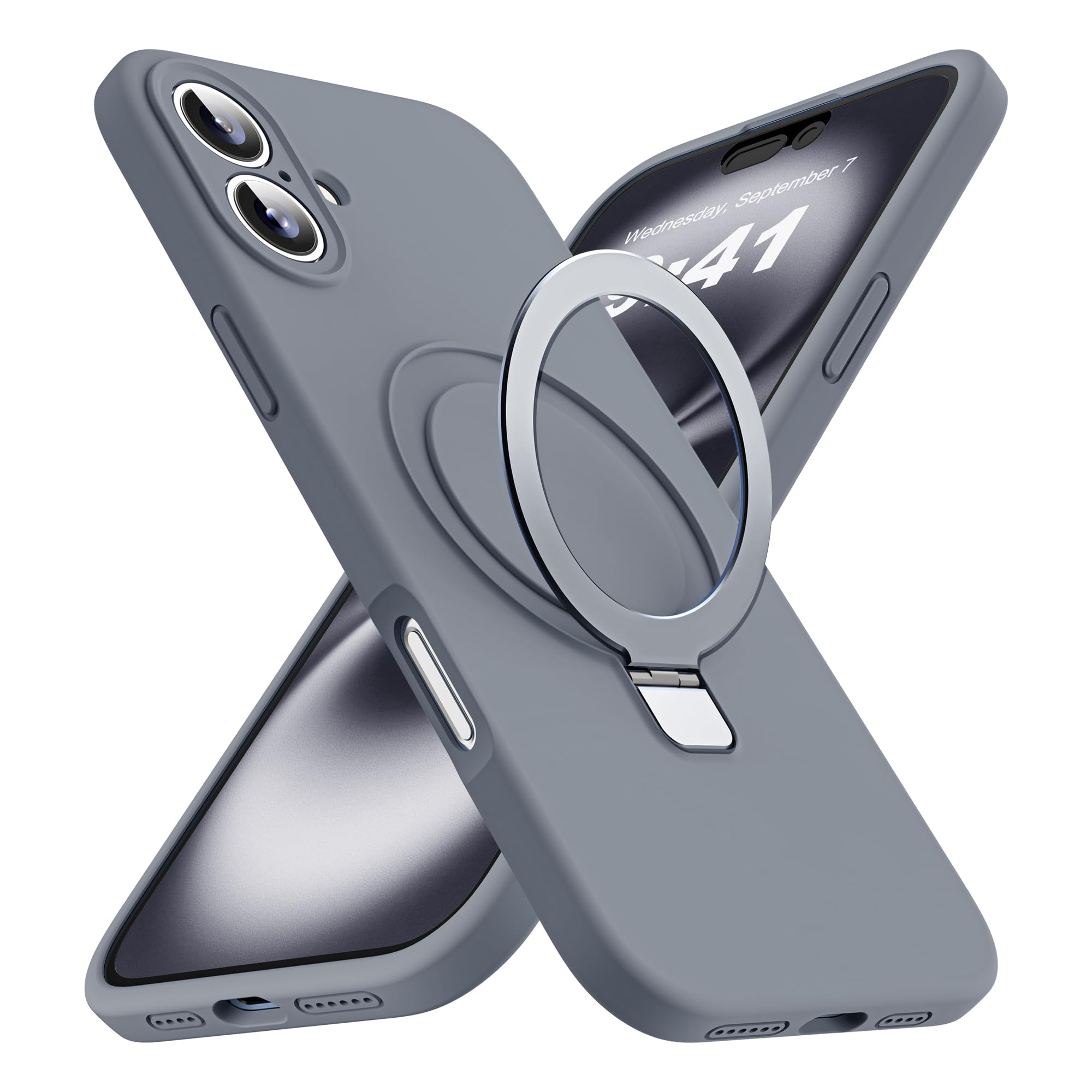 NEWOD Case for iPhone 16 6.1'' with 120° Ajustable Strong Magnetic Ring Stand [Compatible with Mag-Safe Charging] [Full Camera Protection] Military