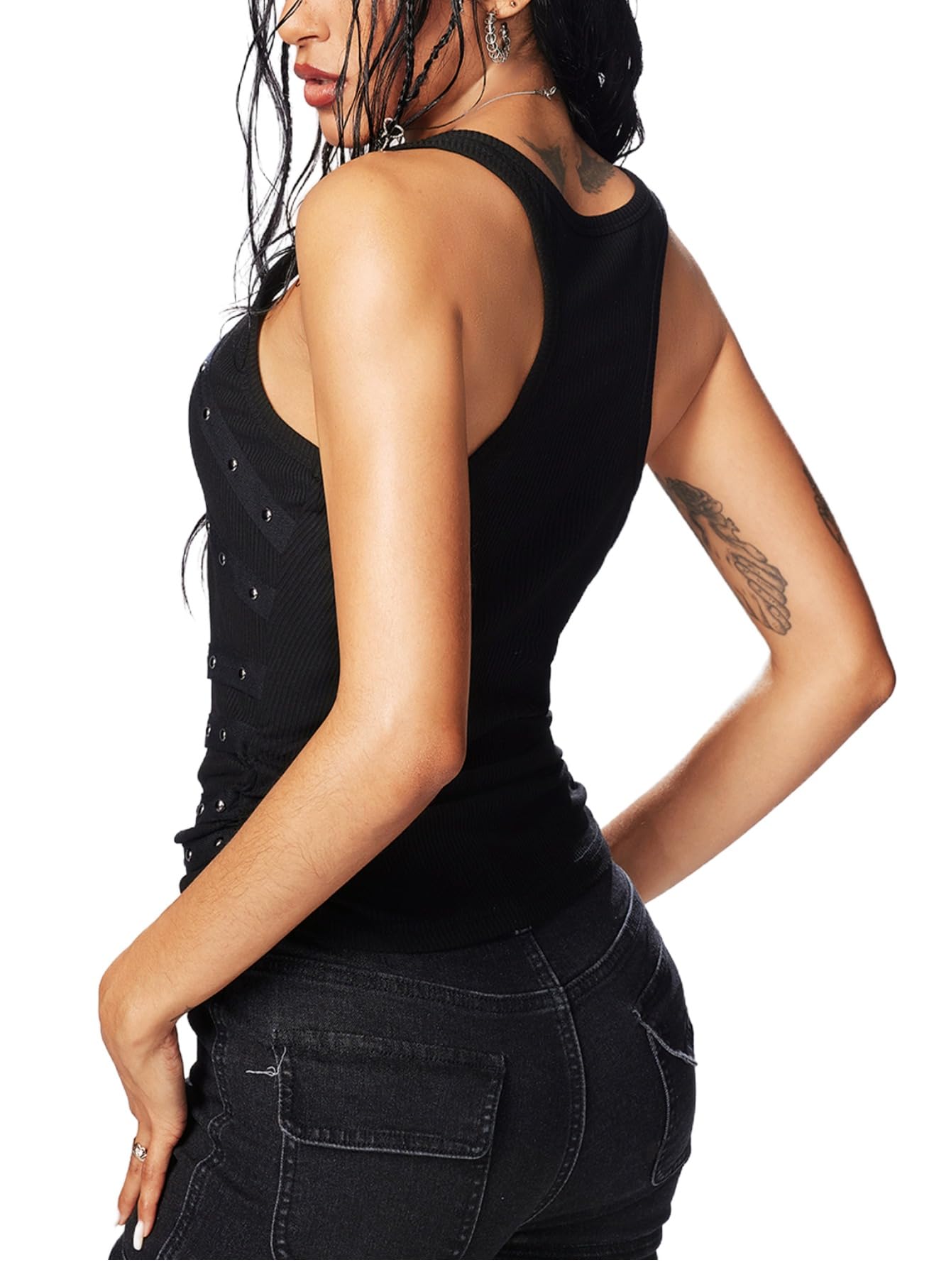 Floerns Canotta da donna Y2k punk borchiata streetwear canotta strappata aderente scollo rotondo gilet grunge per uscire abiti da concerto rock