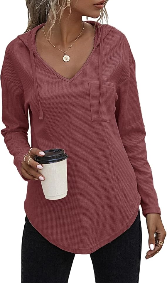 morhuduck Women's V Neck Hoodies Long Sleeve Sweatshirt Drawstring Pullover Tops with Pocket