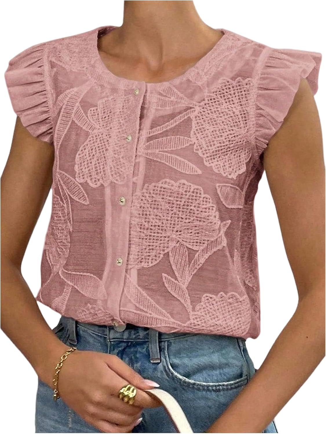 GORGLITTER Women's Flower Button Up Vintage Eyelet Blouse Dressy Casual Sleeveless Boho Cute Embroidered Western Tops