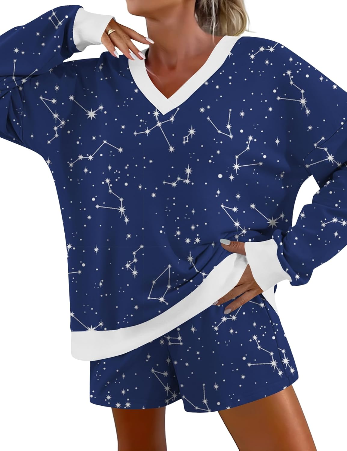 AKEWEI Womens Pajama Sets V Neck Long Sleeve Top and Shorts Cozy Loungewear with Pocket