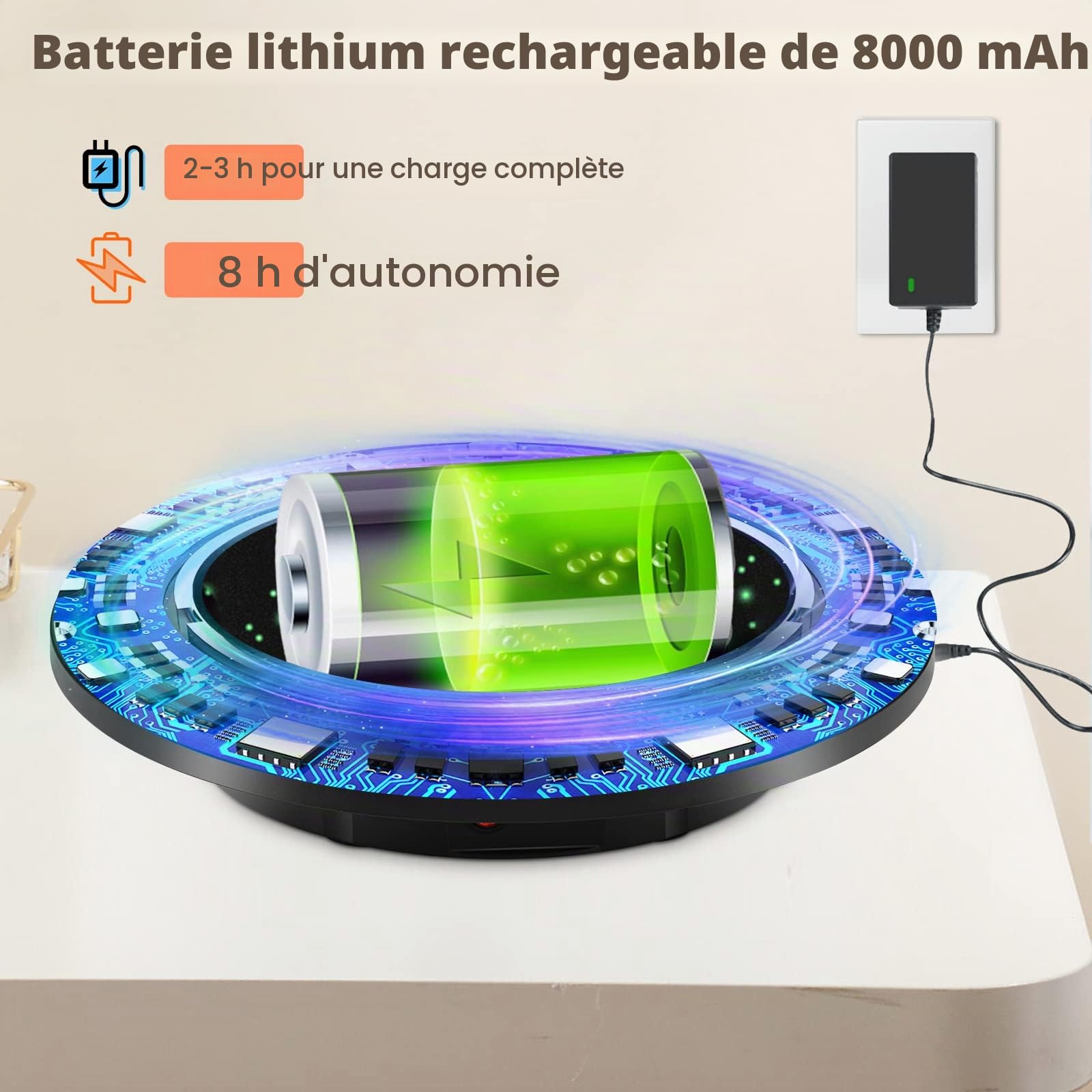 Aomdom Plateau Tournant Electrique, Table Tournante Rotative électrique Rechargeable, 360° Affichage Rotatif du Produit, Vitesse Réglable Direction, Charge 100 kg, diamètre 42 cm