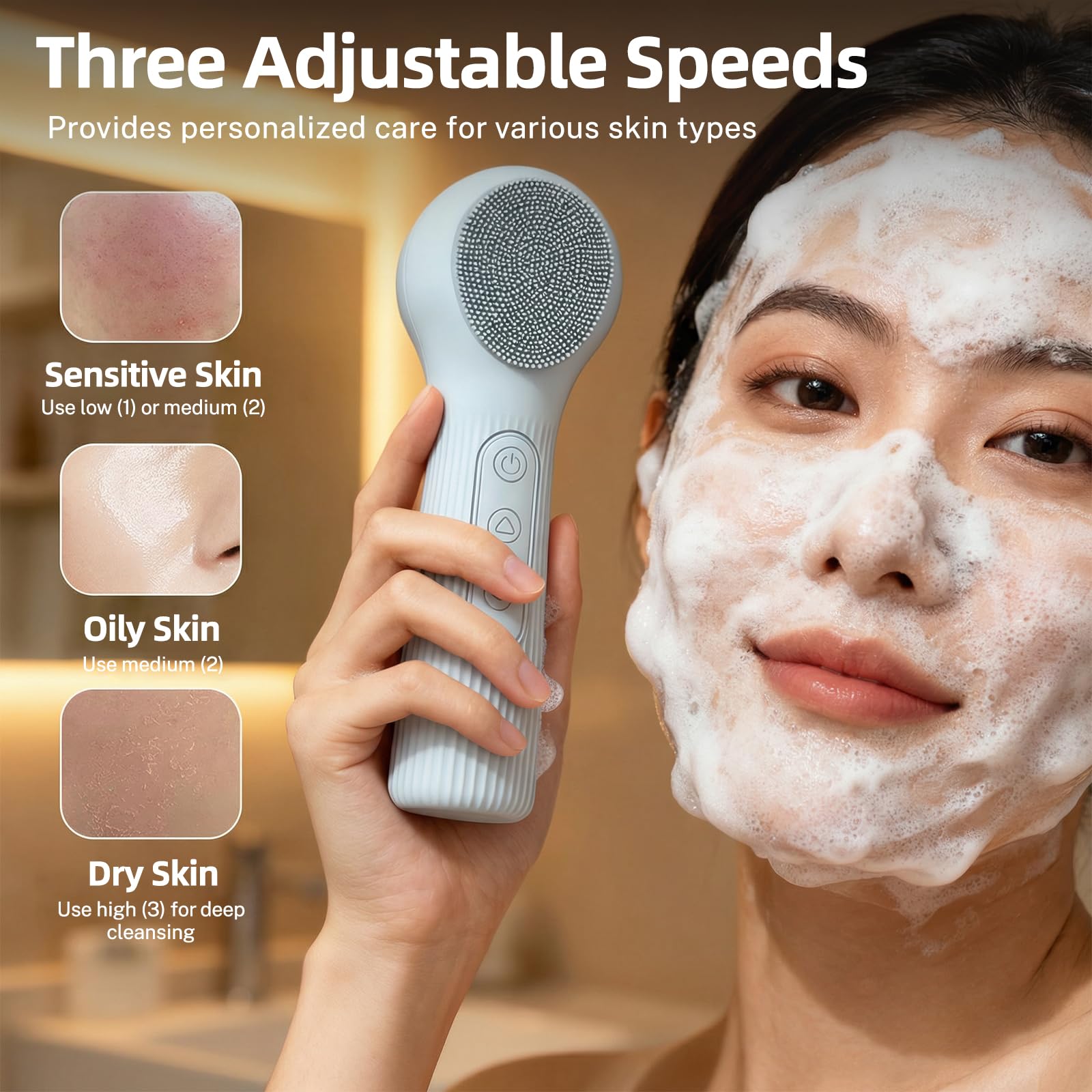 Elektrische Silikon Gesichtsreinigungsbürste, 3 Modi & 45℃ Thermoheizung, IPX7 Wasserdicht, Wiederaufladbarer Gesichtsschrubber für Tiefenreinigung, Peeling & Massage, für Frauen & Männer (Blau)