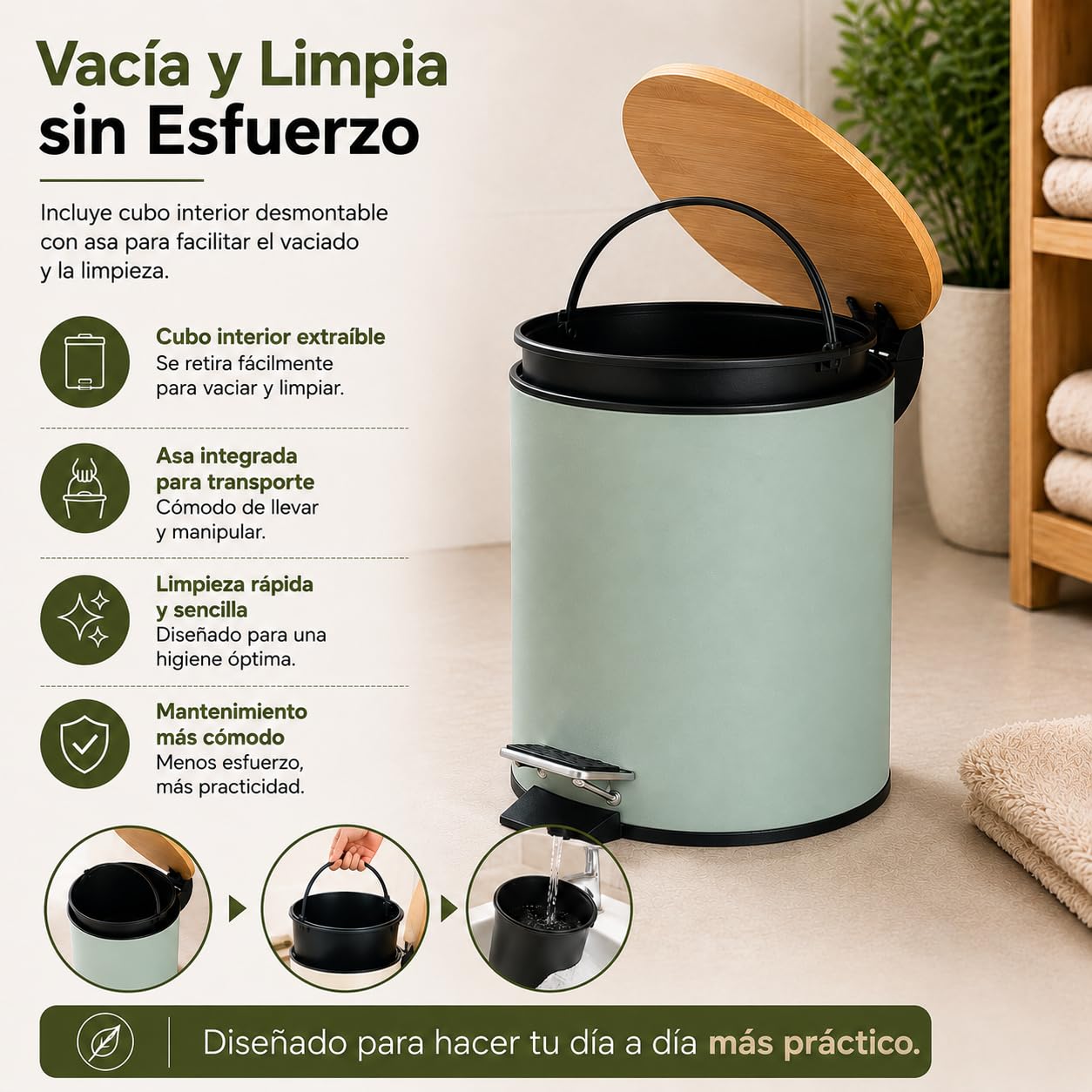 TIENDA EURASIA – Cestino bagno | metallo + coperchio in bambù | capacità 3 l | misure 17 x 21 x 23,5 cm e secchio interno 16,8 x 16,8 x 18,2 | con pedale (verde menta)