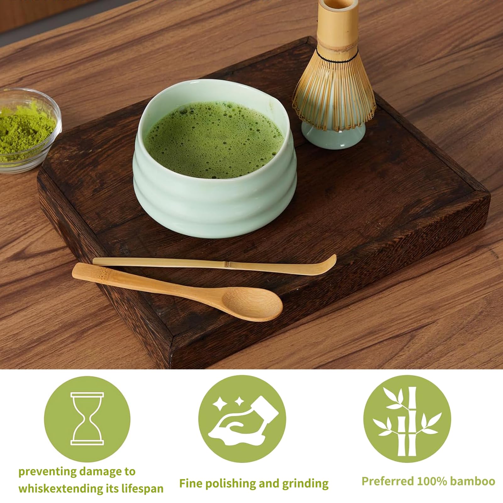 Coffret Matcha Kit Complet Pour Matcha - Bol à Bec Verseur, Fouet En Bambou, Tamis, Cuillères, Porte-fouet, Pour Préparer Un Thé Matcha Traditionnel à La Maison Service A The