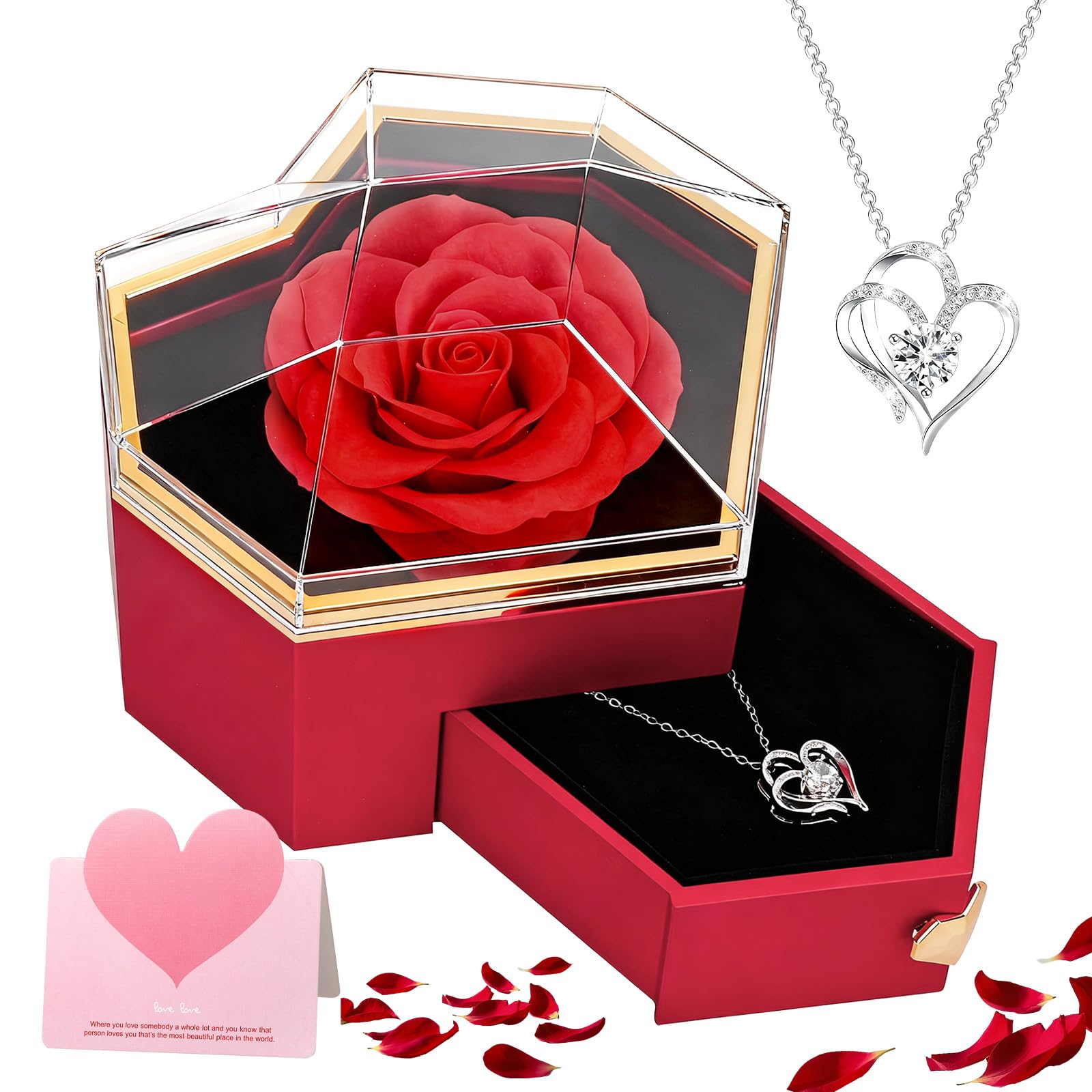 Rosa Eterna Stabilizzata Regalo Donna per Fidanzata Festa Della Mamma, Scatola Regalo a Forma di Cuore con Fiori Eterna e Collana, Regali San Valentino, Anniversario per Lei, Compleanno, Moglie -Rosso