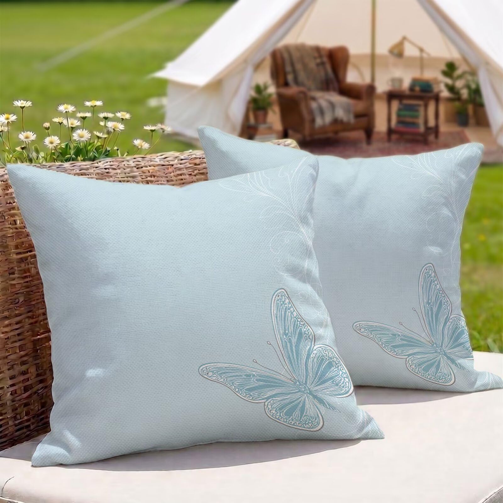 Housses coussin extérieur imperméables 50x50 cm taie oreiller déperlante salon de jardin bleu