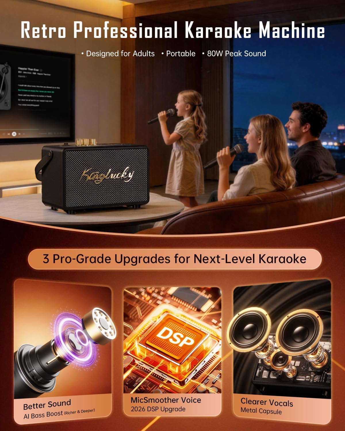 Karaoke Machine with 2 Wireless Microphones for Adults & Kids, Retro Portable Bluetooth Speaker Supports TWS/AUX/USB/TF & Instrument Input, Perfect Home Party System & Ideal Gift for Her & Family