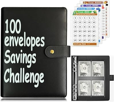 100 Envelopes Money Saving Challenge Binder, Fun and Easy Savings System to Save $5,050, $10,000, $500, $1,000, A5 Budget Binder Planner Book Tracker with Cash Envelopes, Guide Black