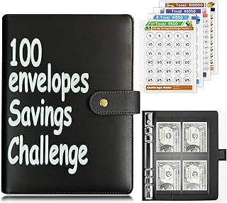 100 Envelopes Money Saving Challenge Binder, Fun and Easy Savings System to Save $5,050, $10,000, $500, $1,000, A5 Budget Binder Planner Book Tracker with Cash Envelopes, Guide (Black)