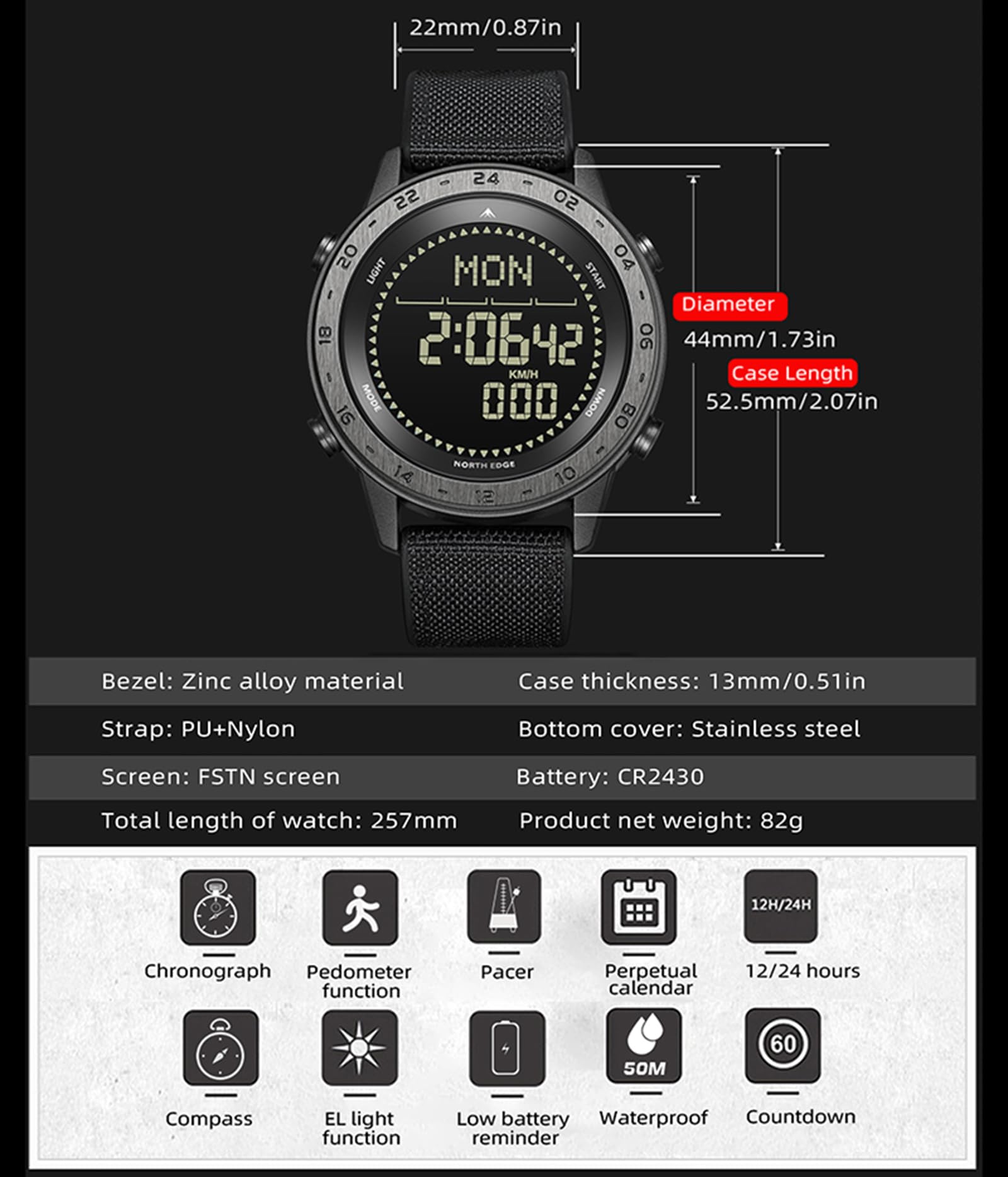 findtime Montre numérique militaire pour homme - Podomètre - Boussole - Vitesse 50 m - Étanche - Montre de sport pour homme - Montre de course pour homme - Éclairage EL - Coutdown - Chronomètre
