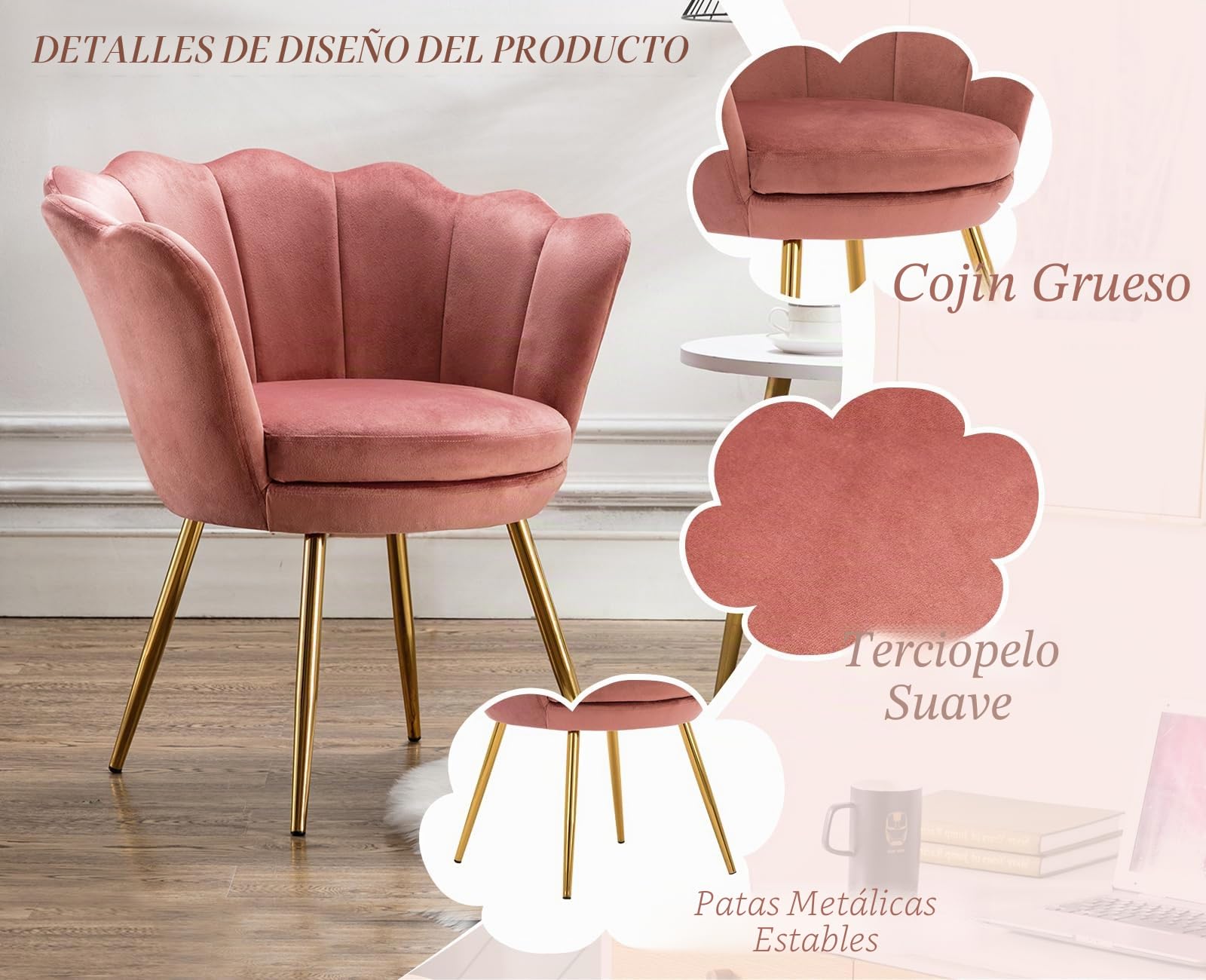 Ya-Home Sillón Individual de Terciopelo Butaca de Salón,Silla Tocador Maquillaje con Patas de Metal，Silla de Concha Moderno para Recepción/Dormitorio/Tocador,Rosa