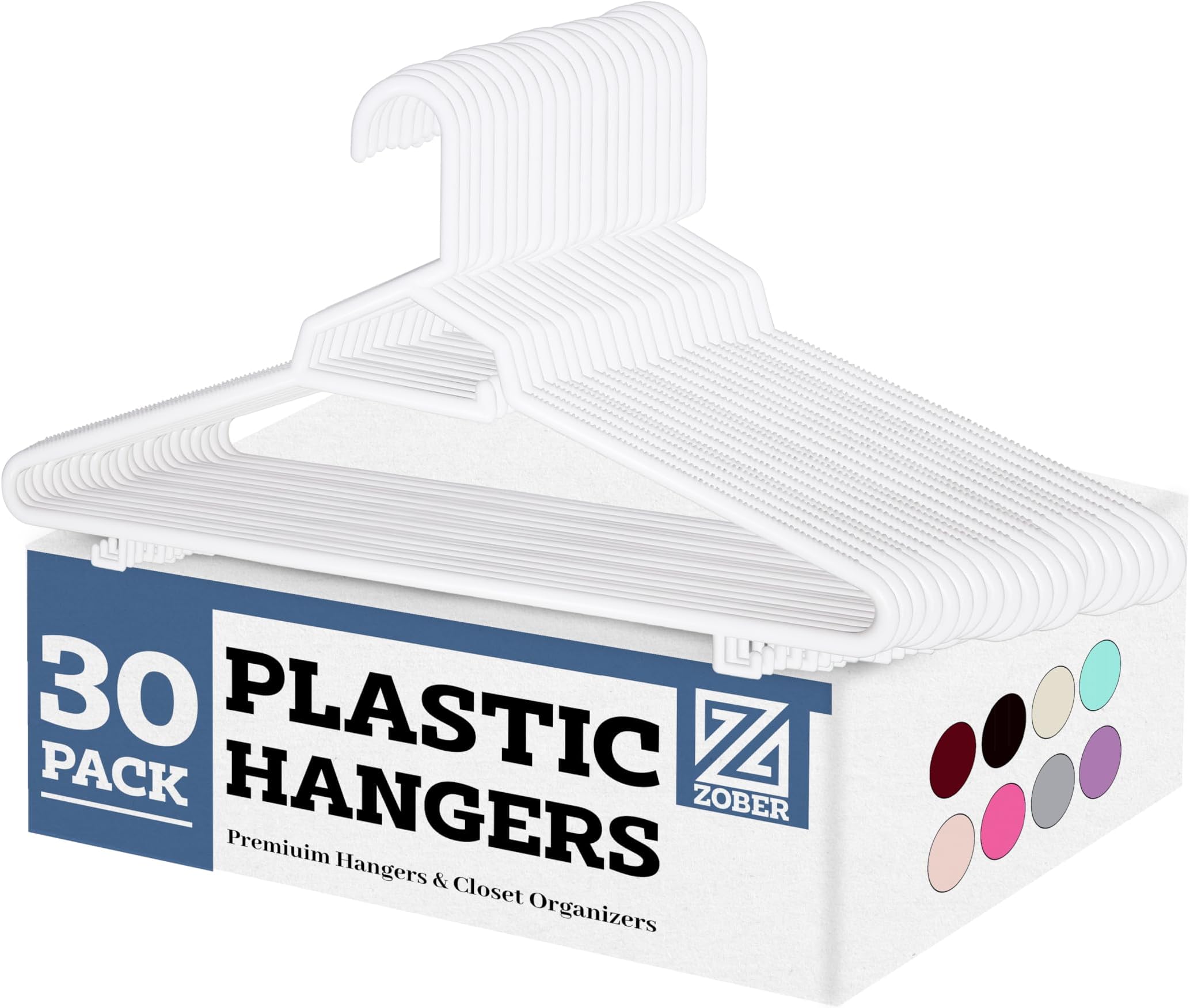 – ZOBER Heavy Plastic Hangers with Strap Hooks, Non slip, Durable & Slim, Light-Weight | Clothes Hangers For Coats, Jackets & Pants, Shirts, Dresses | Hangs upto 10lbs (WHITE, 30 PACK)