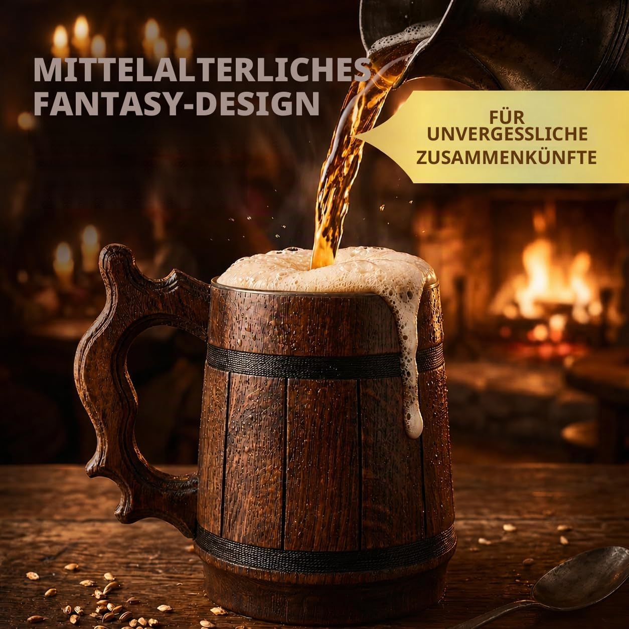 Handgefertigter Bierkrug aus Eichenholz Edelstahl Tasse Natürlich Umweltfreundlich 0,6 Liter 20 Unzen Krug Retro braun