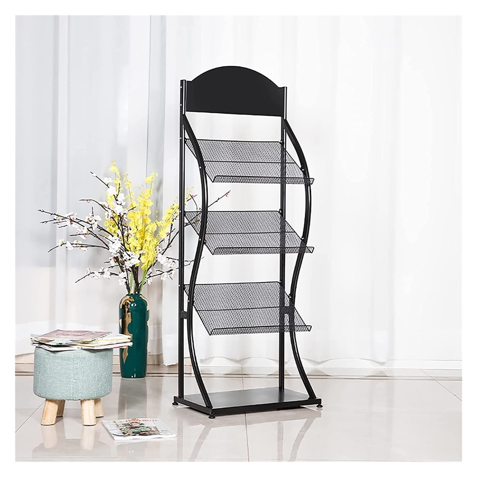 Jkjzsalj Black Floor-Standing Magazine Rack,Magazine Stand,Brochure Display Stand With 3 Pockets School/Library/Showroom/Bank Hall Document Organizer Rack,
