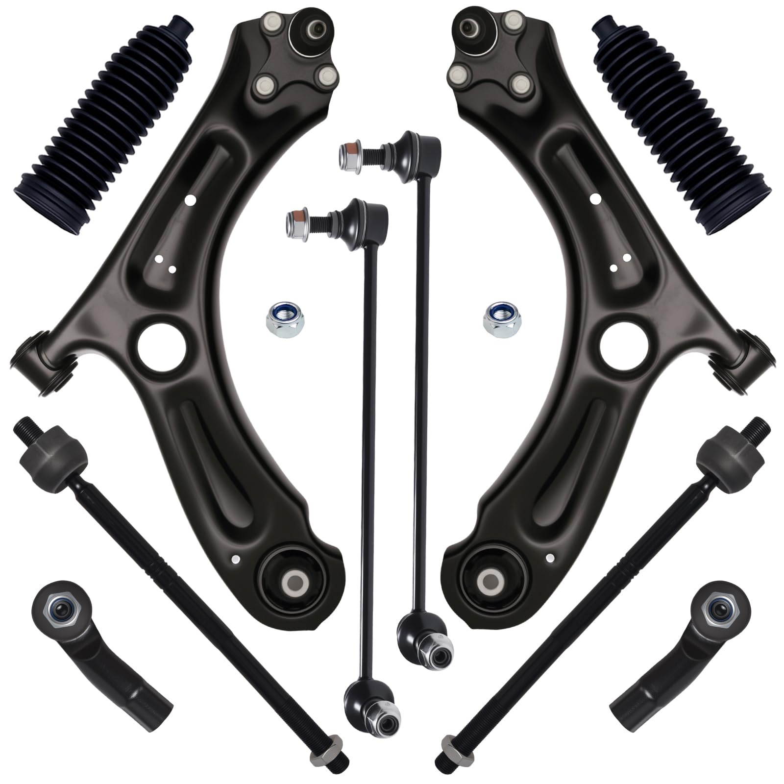AUQDD 10Pcs Front End Suspension Kit Fit For 2011-2018 Volk-swagen Jetta w/4-Door Sedan, 2 Lower Control Arm w/Ball Joint 2 Sway Bar Link 4 Outer Inner Tie Rod End (# K621949 K80478 EV80665 ES80666)